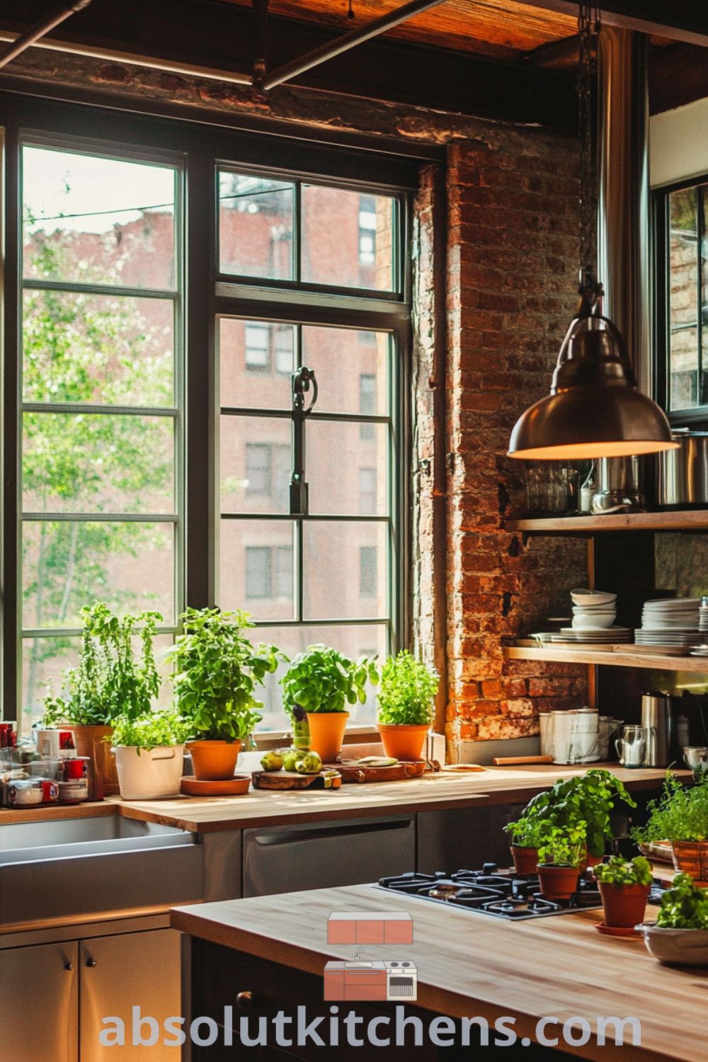 Urban loft kitchen design on absolutkitchens.com featuring reclaimed wood island, exposed brick walls, and cozy decor ideas for small spaces.