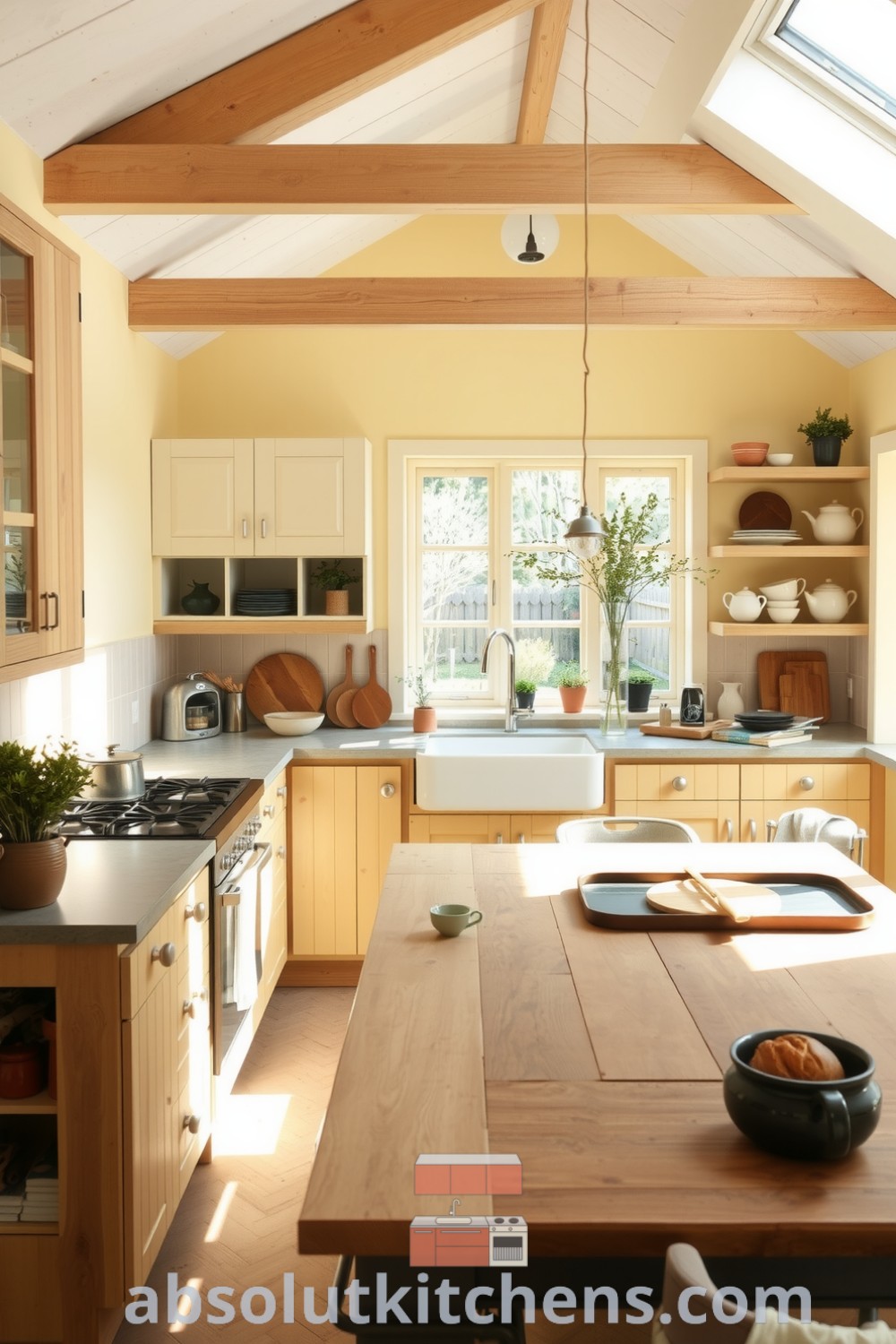 Scandinavian kitchen with soft yellow tones, pale wood cabinetry, stone countertops, and a reclaimed wood dining table, showcasing cozy decor ideas and abundant natural light, perfect for family gatherings, inspired by unique home design ideas from fireplacesandwoodstoves.com.