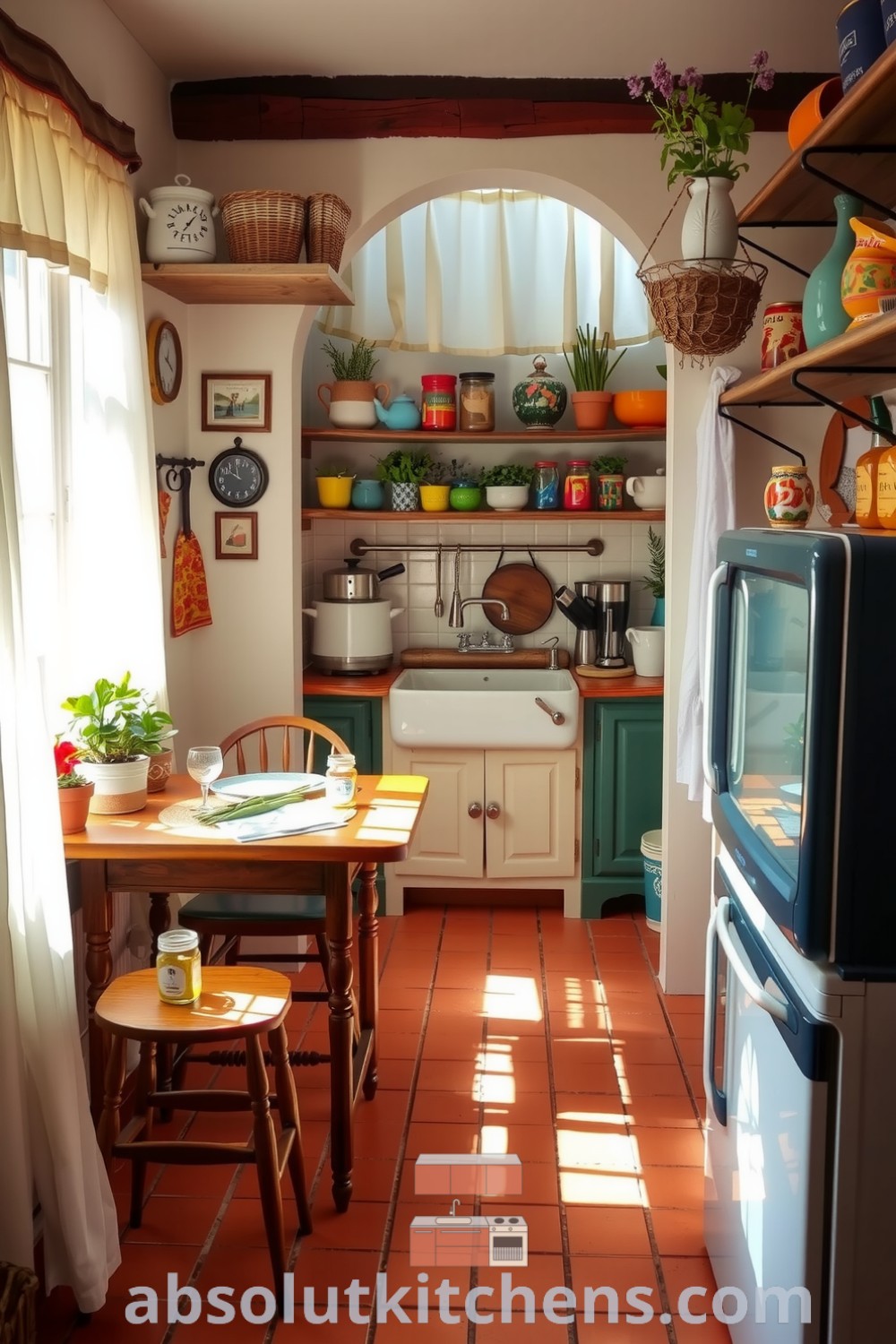 Cozy French kitchen with warm terracotta tiles, rustic shelves filled with colorful ceramic pots of herbs, and soft sunlight filtering through sheer curtains, creating an inviting atmosphere perfect for sharing homemade meals and stories. Visit absolutkitchens.com for more decor ideas.