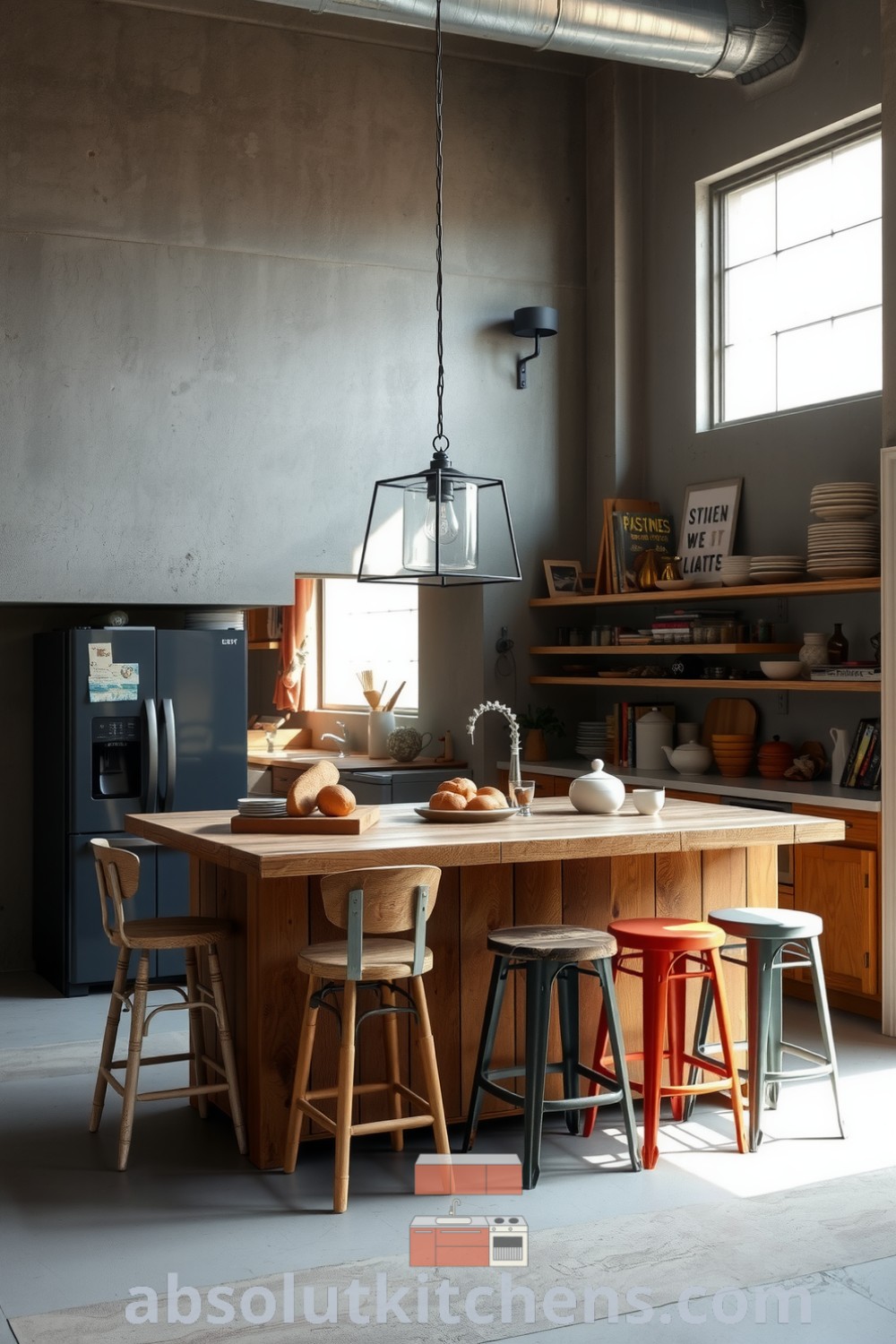 Stylish grey loft kitchen showcasing textured concrete walls, warm wood accents, and industrial-style pendant lights over a reclaimed wood island, with mismatched bar stools and open shelves filled with cookbooks and ceramic utensils, creating cozy inspirations for your home at fireplacesandwoodstoves.com.