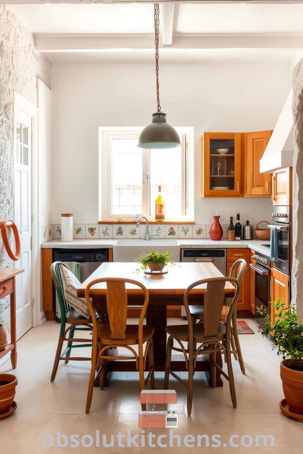 Cozy Mediterranean kitchen featuring soft white walls, rustic wooden cabinetry, a farmhouse sink, hand-painted tiles, a wooden table with mismatched chairs, and fresh herbs in terracotta pots, perfect for cozy home design ideas. Visit absolutkitchens.com for more inspiring decor ideas.