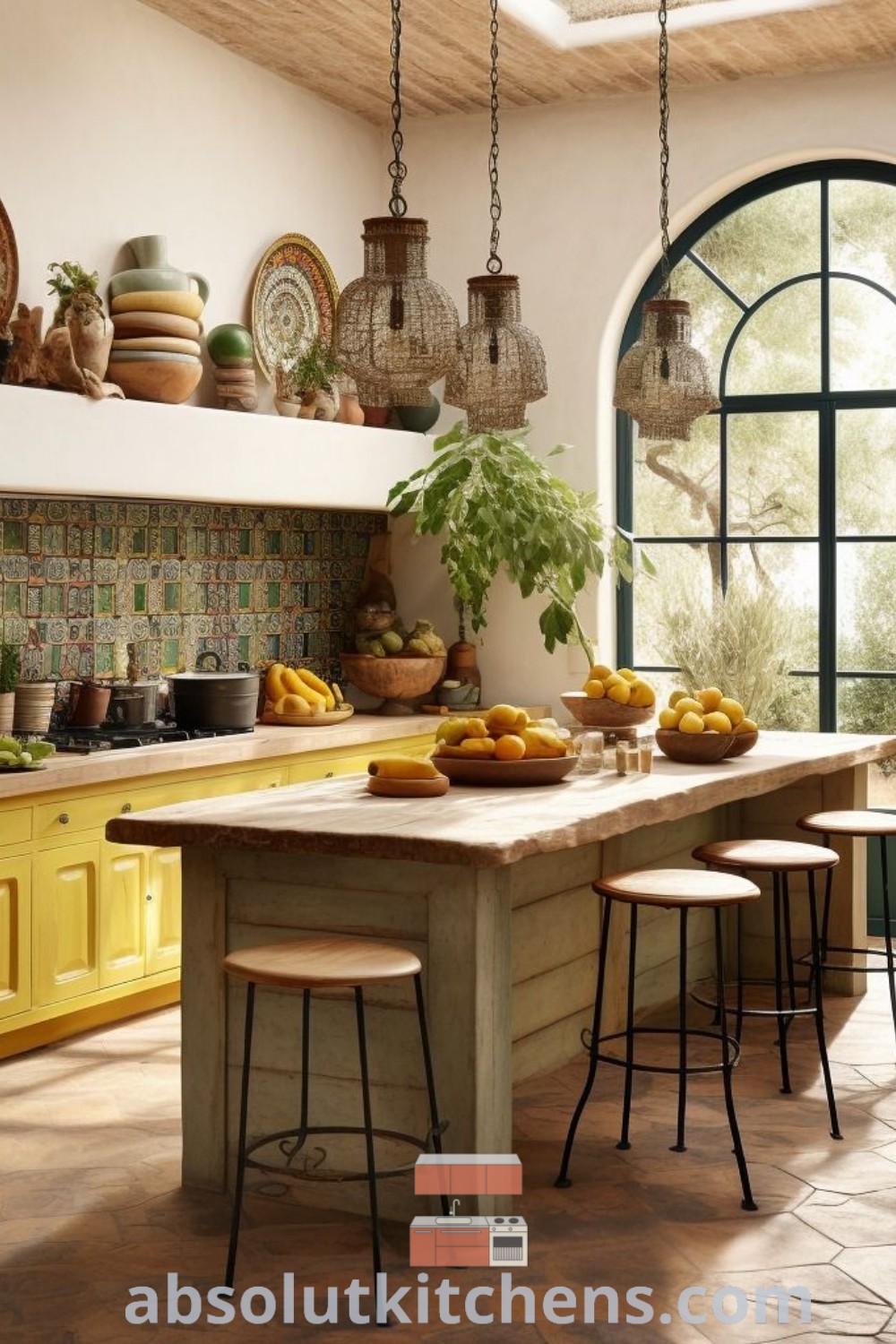 A charming kitchen filled with lots of counter top space, potted plants, and hanging lights that showcase Mexican farmhouse and Spanish style kitchen aesthetics. The inviting decor provides functional beauty and inspires decor ideas for a cozy home setting. Find more design tips at absolutkitchens.com.
