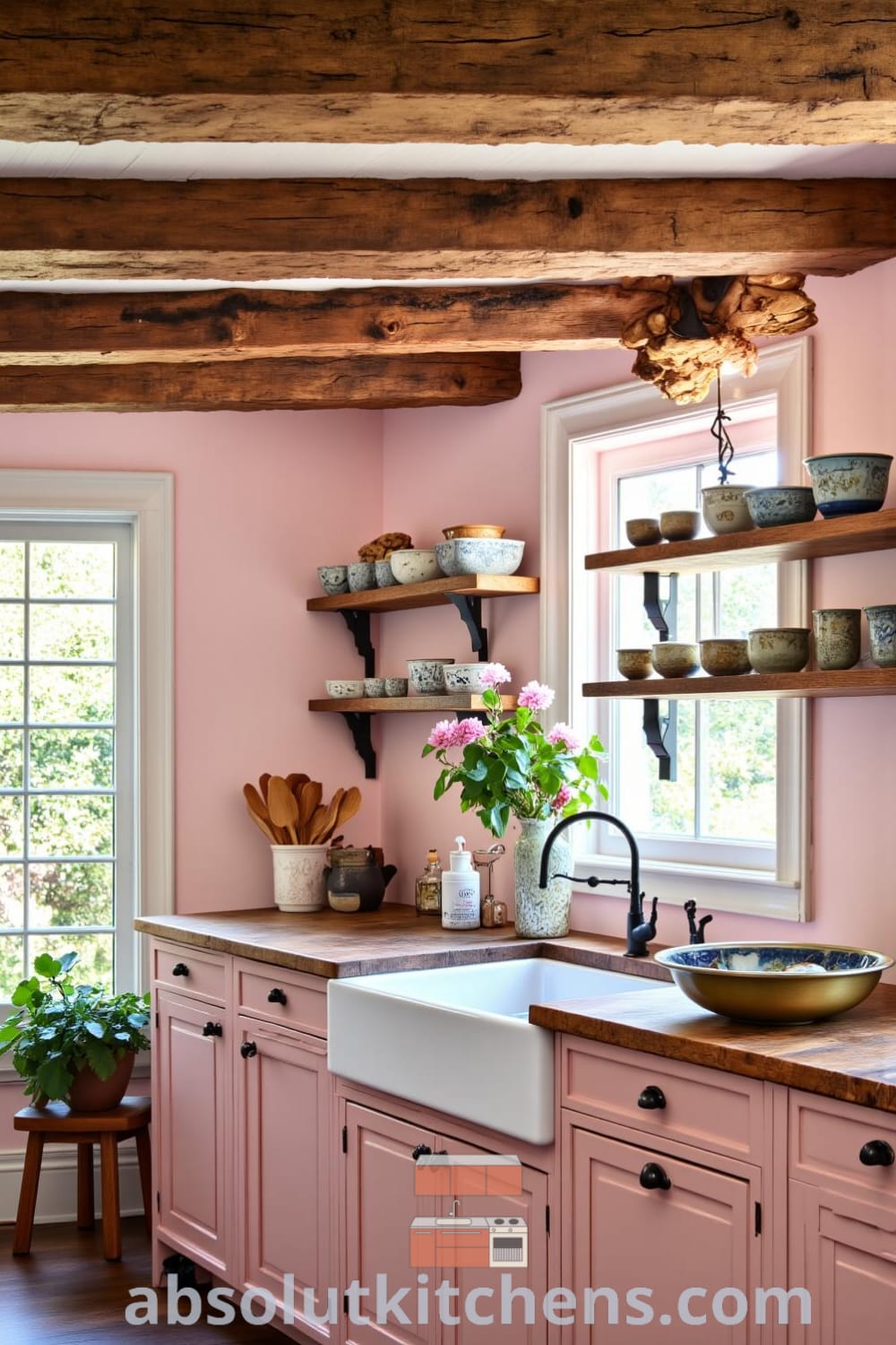 Cozy rustic kitchen featuring soft pink walls, wooden beams, reclaimed wood countertop, and mismatched ceramic dishes, illuminated by sunlight. A perfect blend of decor ideas to inspire your home at fireplacesandwoodstoves.com.