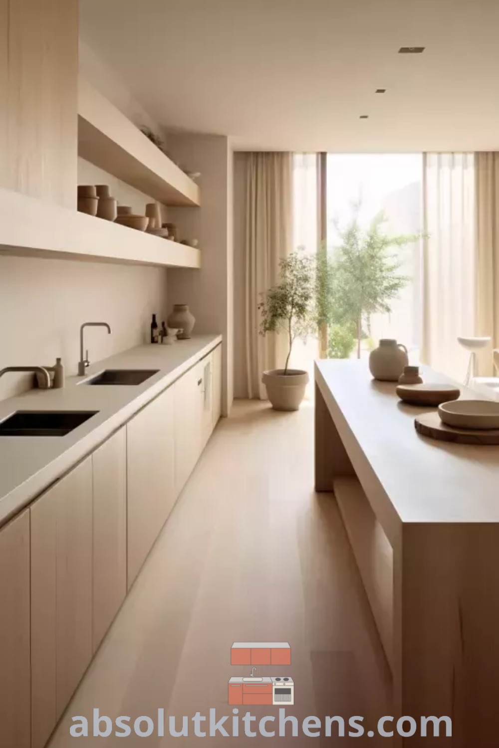 A modern Japandi kitchen featuring white countertops, wooden cabinets, and a large sliding glass door that enhances the cozy atmosphere. This interior design combines minimalist style with functional elements, providing unique ideas for creating a warm and inviting kitchen. Discover more decor ideas at wellnesswink.com.