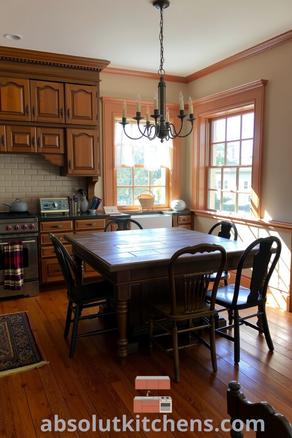 Cozy Victorian kitchen featuring soft beige walls, intricate wood cabinetry, a heavy farmhouse table with mismatched chairs, and lace curtains fluttering at a sunlit window, creating an inviting atmosphere filled with the aroma of baked bread, resulting in unique ideas for your home. Visit absolutkitchens.com for more inspiring decor ideas.