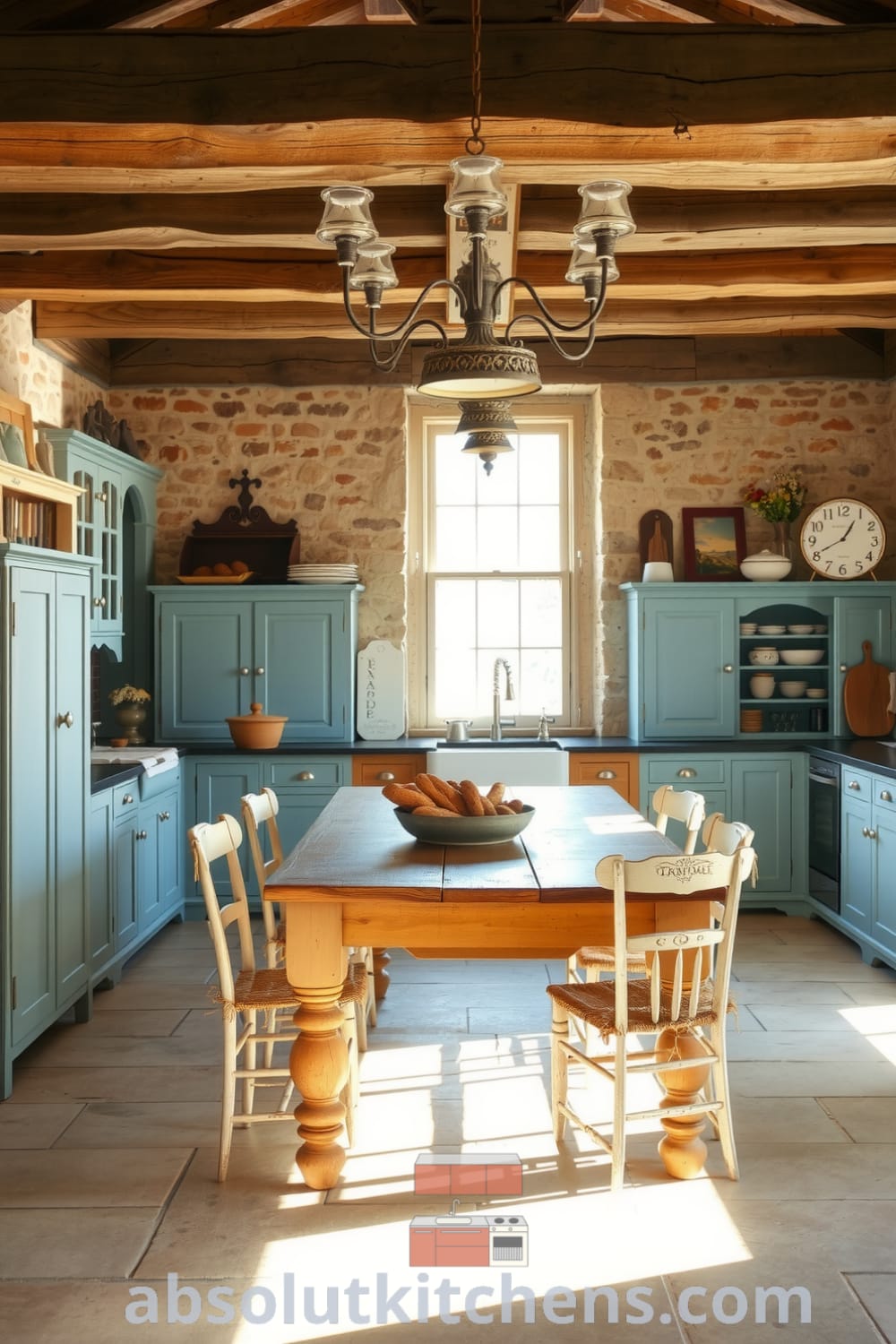 Cozy rustic kitchen design showcasing soft light through a large window, weathered blue cabinetry, and a farmhouse table surrounded by mismatched chairs, offering inspiration for a warm, inviting home environment. Visit fireplacesandwoodstoves.com for more inspiring decor ideas.