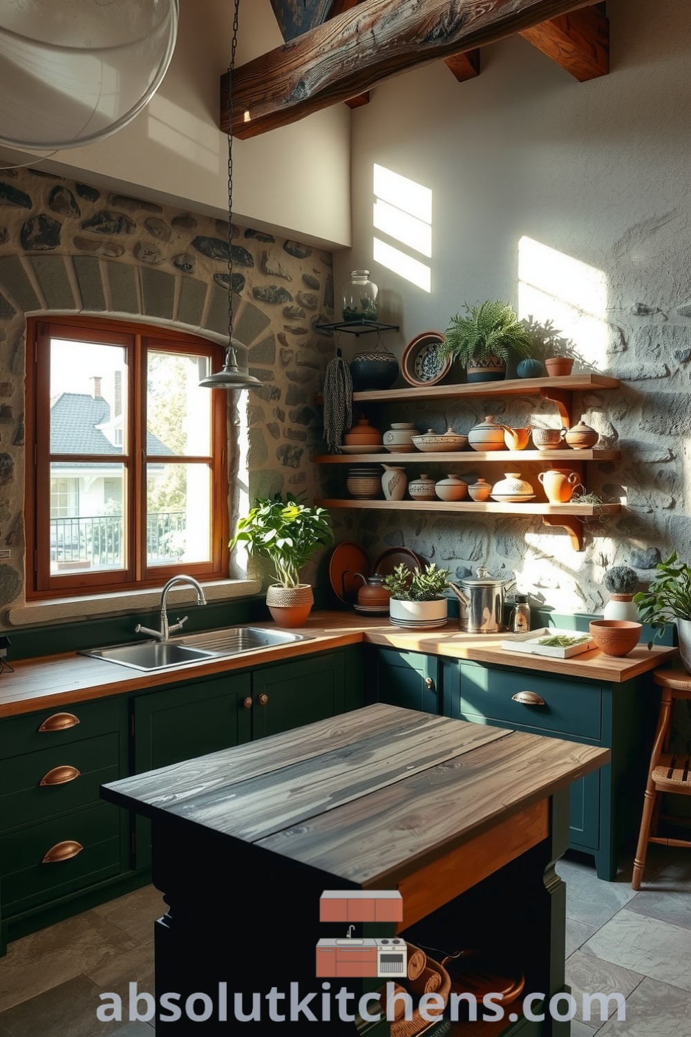 Cozy nature-inspired kitchen featuring deep green cabinetry, rustic wooden shelves with earthenware and potted herbs, and a warm wooden island creating a tranquil atmosphere, ideal for design ideas and inspirations for your home at absolutkitchens.com.