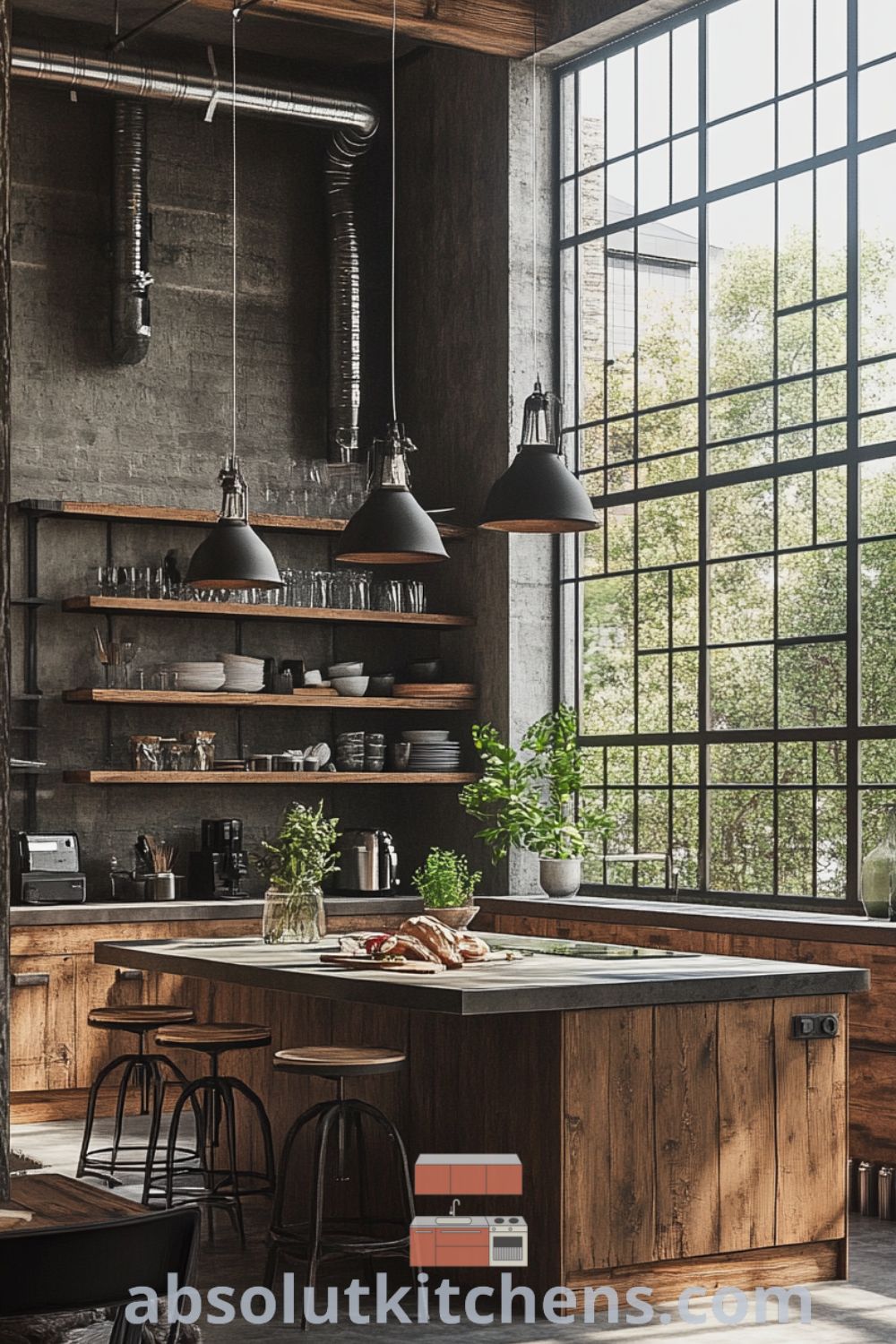 Cozy industrial kitchen scene on absolutkitchens.com showcasing warm wooden cabinetry, inviting gathering spots, and decor ideas for small spaces.