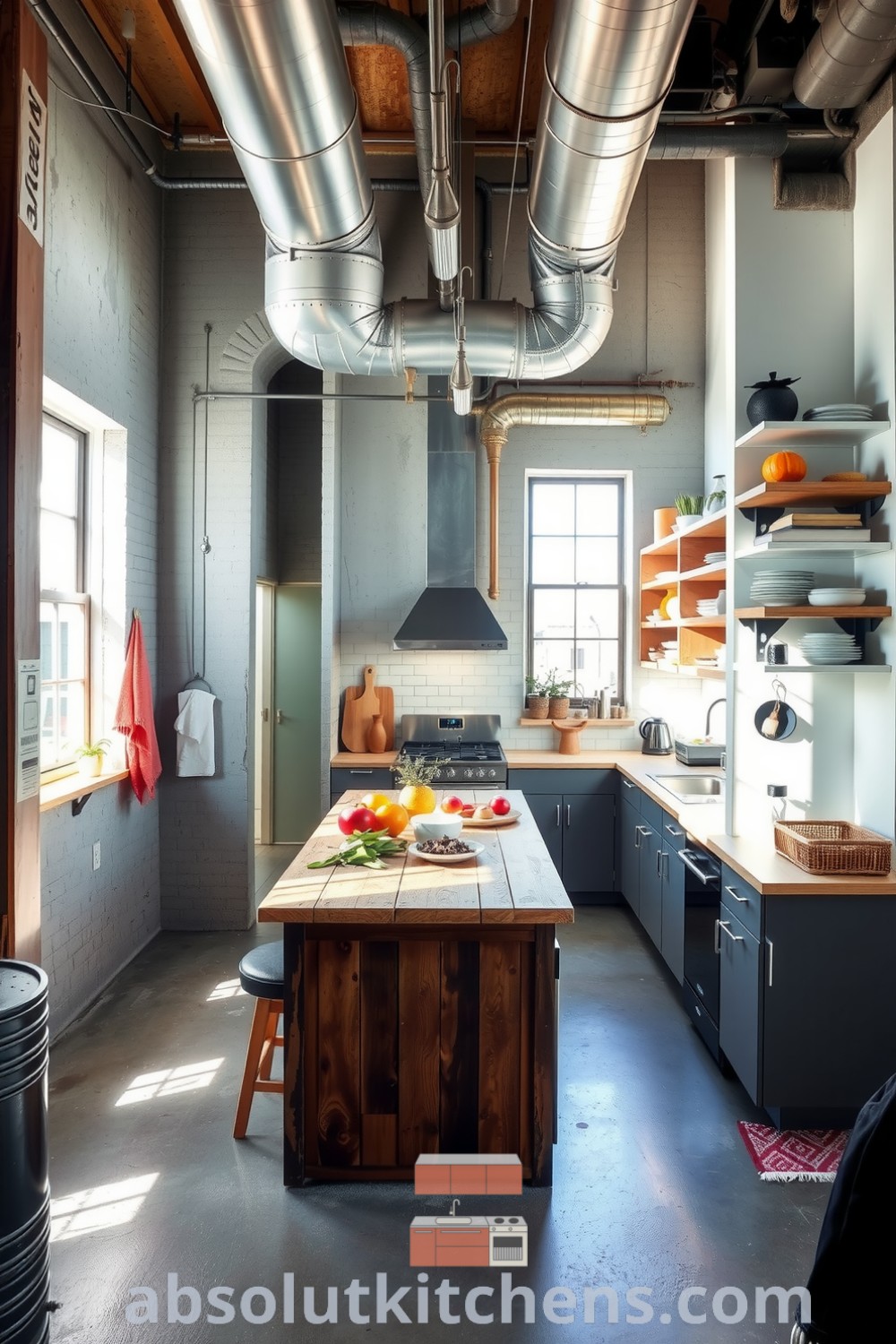 Urban loft kitchen with grey walls, exposed ductwork, and a reclaimed wood island, showcasing fresh ingredients and home-cooked meals, offering cozy ideas and decor inspirations for your home on fireplacesandwoodstoves.com.