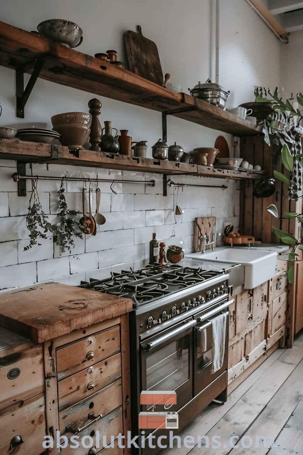 An old fashioned kitchen with wooden cabinets, a white tile backsplash, and open shelving, showcasing a cozy aesthetic perfect for boho style kitchens. This inspiring kitchen design offers decorating ideas for small spaces and reflects the charm of an unfitted kitchen. Discover more decor ideas at absolutkitchens.com.