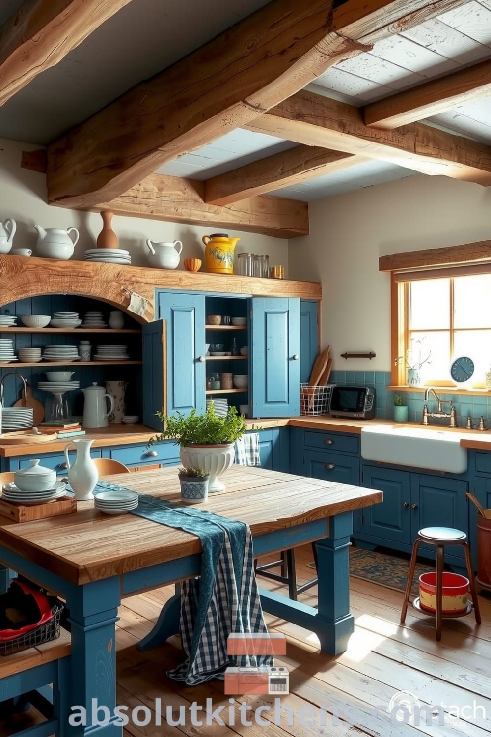 Cozy rustic kitchen featuring blue cabinets, weathered wood elements, a farmhouse sink illuminated by morning light, and fresh herbs, offering unique decor ideas for a warm and inviting home environment on fireplacesandwoodstoves.com.