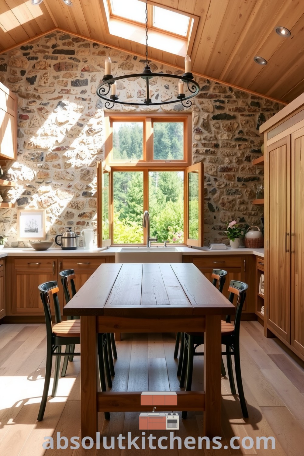Cozy nature-inspired kitchen with rough stone walls, wooden cabinetry, and a reclaimed wood table, enhanced by a large window framing greenery outside, perfect for creating an inviting home atmosphere. Visit absolutkitchens.com for decor inspirations and ideas for your home.
