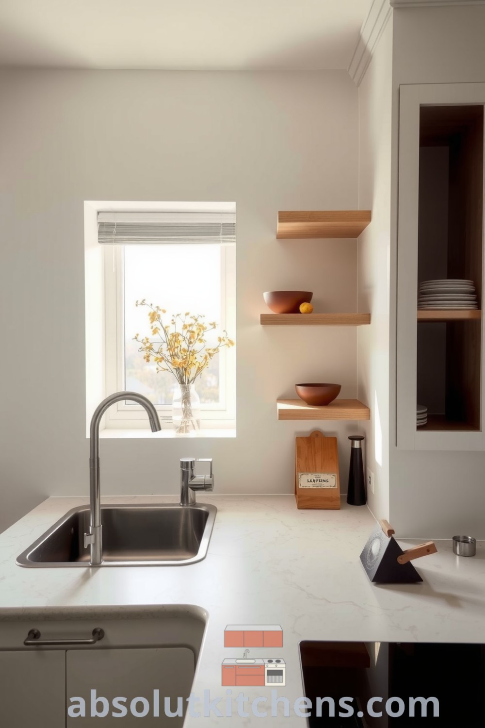 Bright minimalist kitchen with white cabinetry, wooden shelves holding ceramic bowls, and a sleek stainless steel sink, all bathed in soft white light, creating a cozy home atmosphere. Discover cozy ideas on fireplacesandwoodstoves.com.
