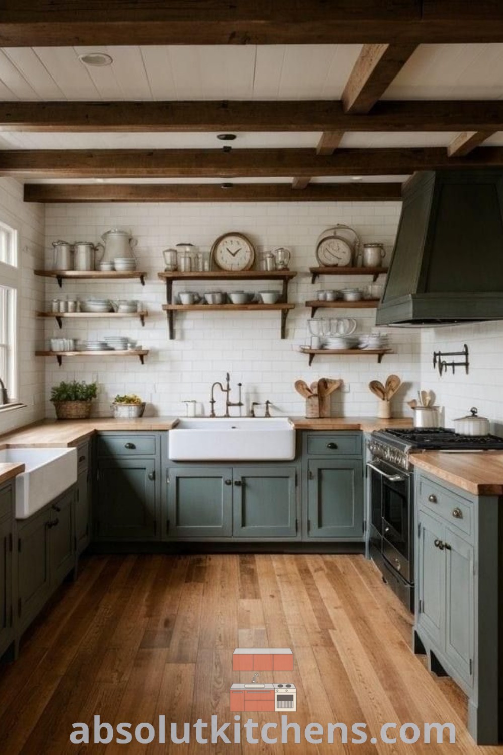A cozy kitchen filled with wooden flooring and open shelving above a sink, showcasing a beautiful white backsplash. This design offers inspiring ideas for farmhouse kitchens, incorporating trendy kitchen color schemes and decor ideas for small spaces. Discover more at absolutkitchens.com.