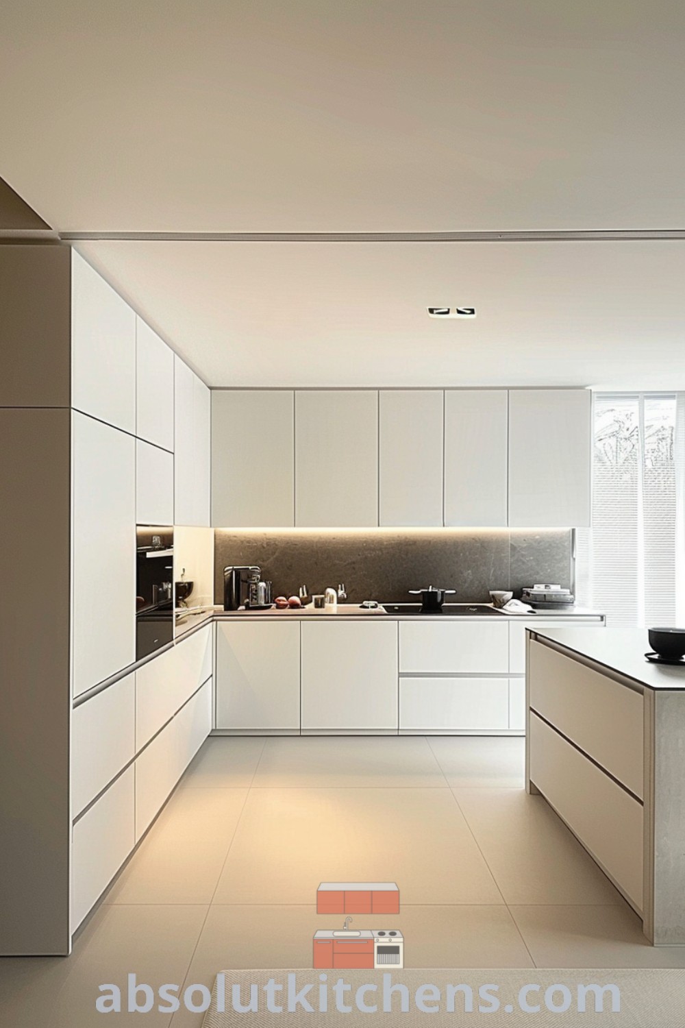 A modern Japandi kitchen with wooden cabinets, a central island, and two stools, enhanced by potted plants on the counter. This stylish kitchen design offers cozy ideas and unique decor inspirations for a neutral kitchen aesthetic, perfect for enhancing your home and wellnesswink.com.
