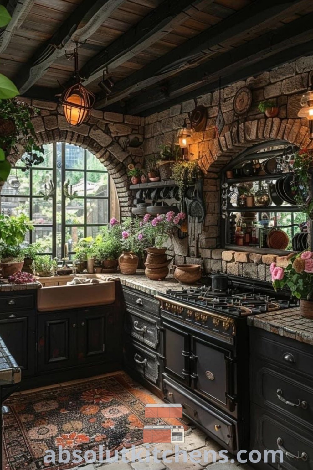 An old-fashioned kitchen decorated with potted plants, embodying a cozy aesthetic and Medieval Style Home vibes. This Witchy Kitchen showcases inviting decor ideas for small spaces, emphasizing the charm of a dream life house. Find more design tips and decorating ideas at absolutkitchens.com.