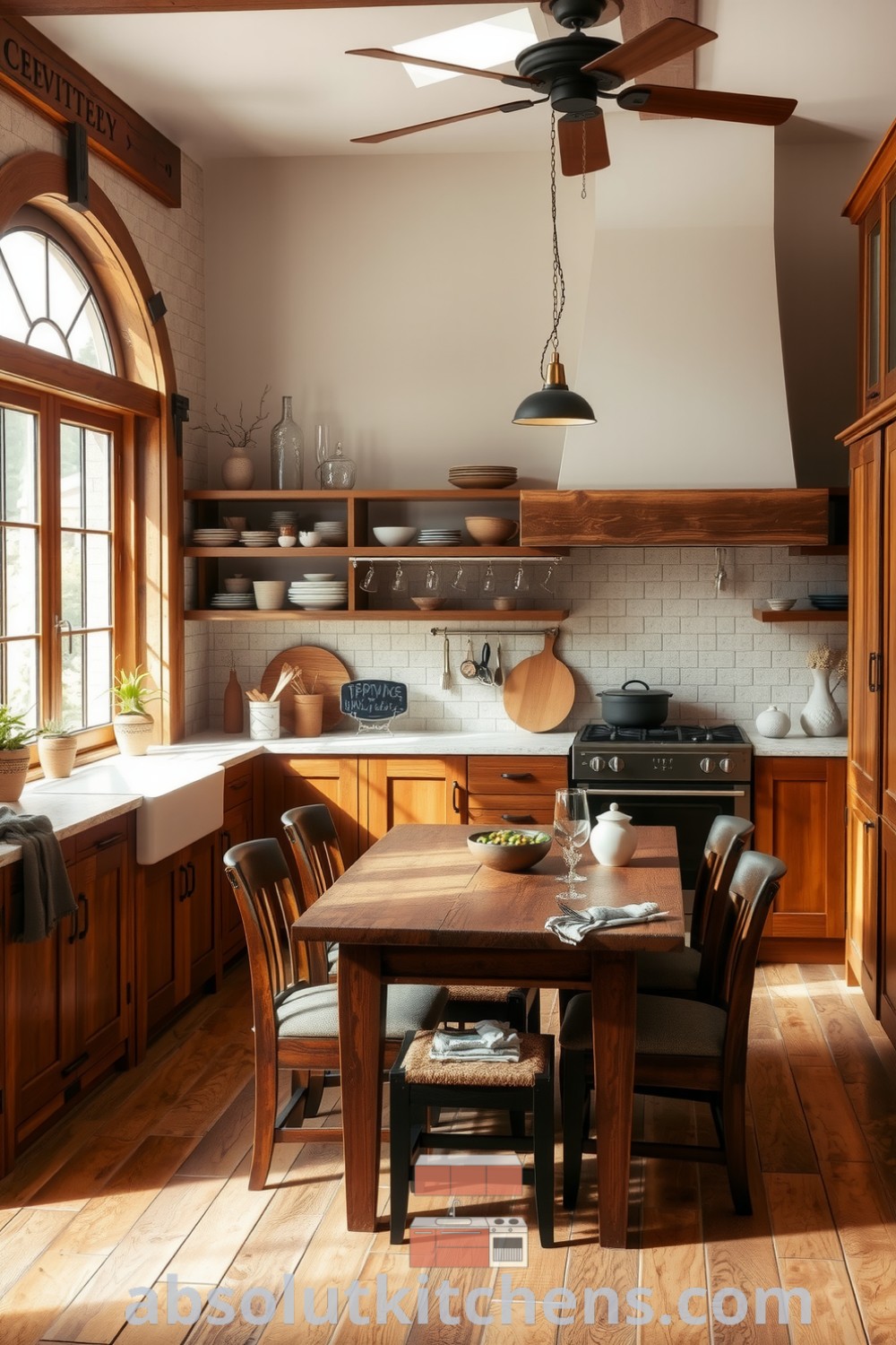 Cozy nature-inspired kitchen featuring soft earth tones, reclaimed wood cabinets, and stone countertops, with potted plants on the windowsill and a handmade dining table inviting family gatherings. For more decor ideas, visit absolutkitchens.com.