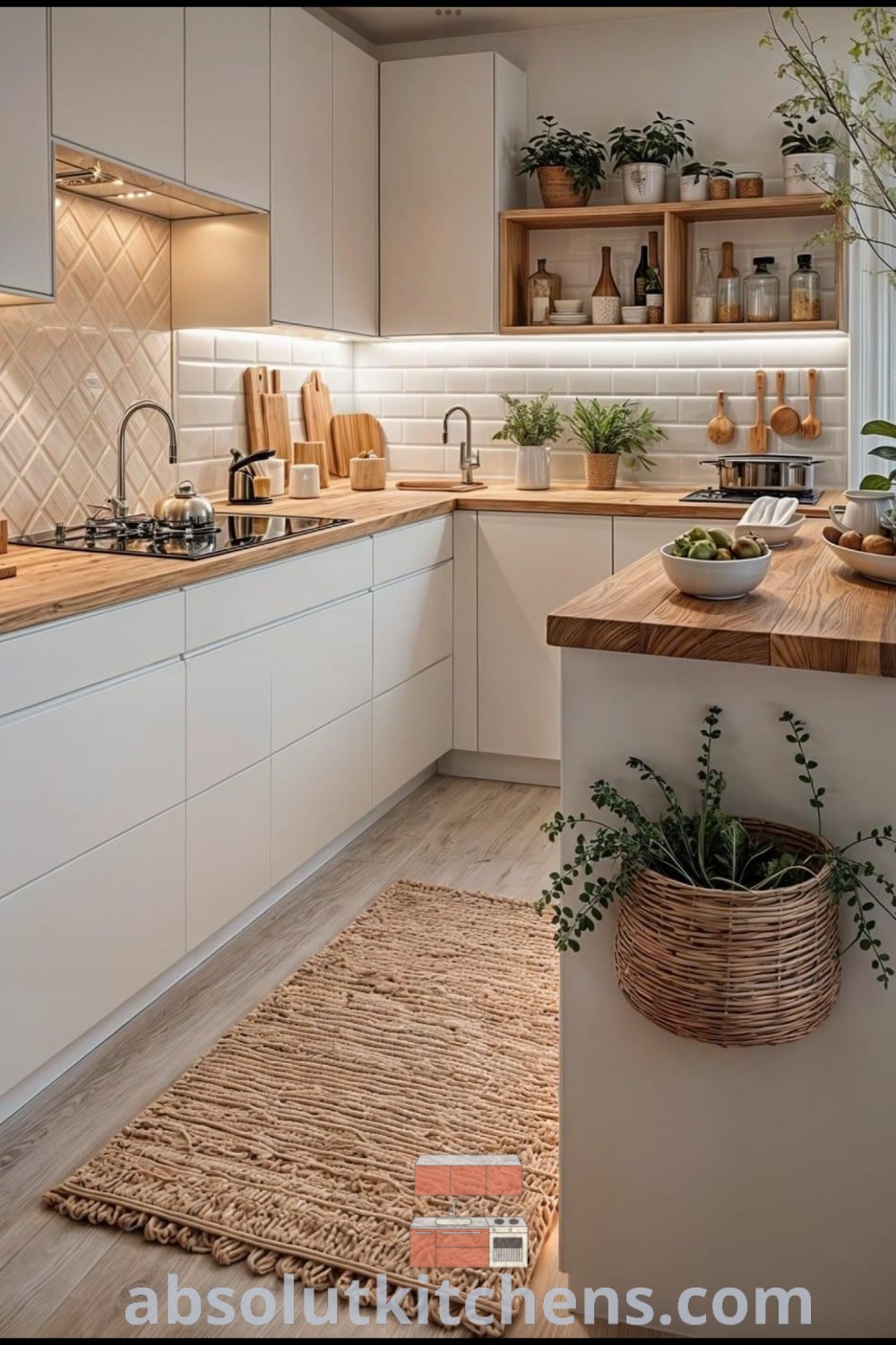 A stylish small galley kitchen with a clean, minimalist design featuring wood elements, creating a cozy and functional space. This trendy kitchen showcases decor inspirations and ideas for your home, perfect for small kitchen design enthusiasts. Explore more unique ideas at wellnesswink.com.