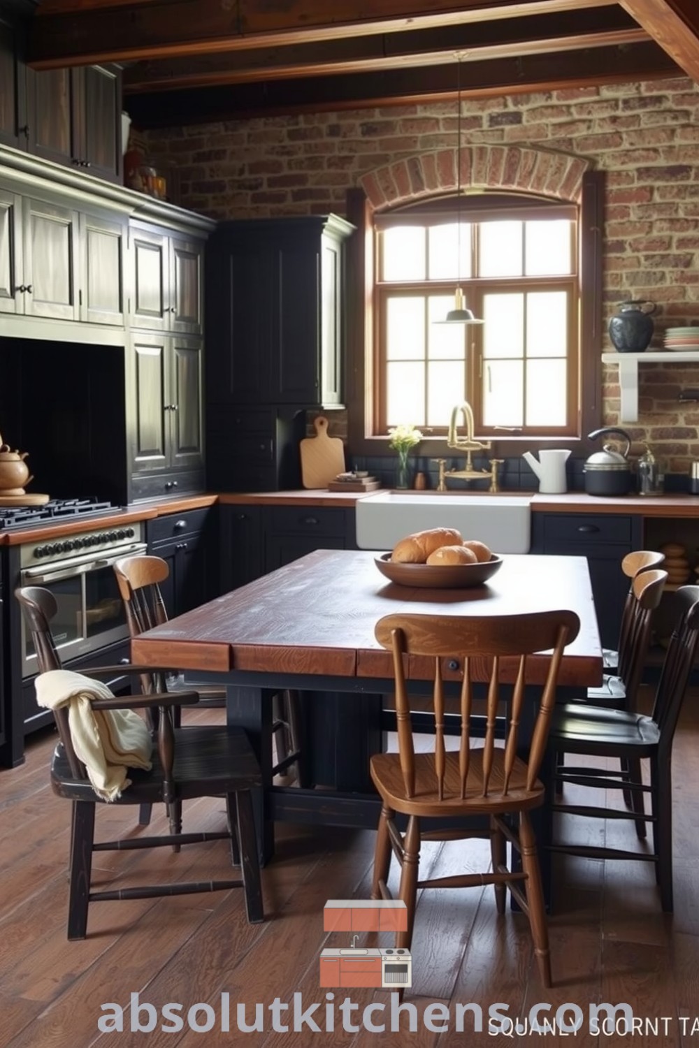 Cozy farmhouse kitchen featuring black wooden cabinets, weathered stone walls, a large farmhouse sink, an old wooden table, and mismatched chairs, creating a warm gathering space filled with the aroma of baked bread, perfect for family moments. Visit absolutkitchens.com for inspiring design ideas.
