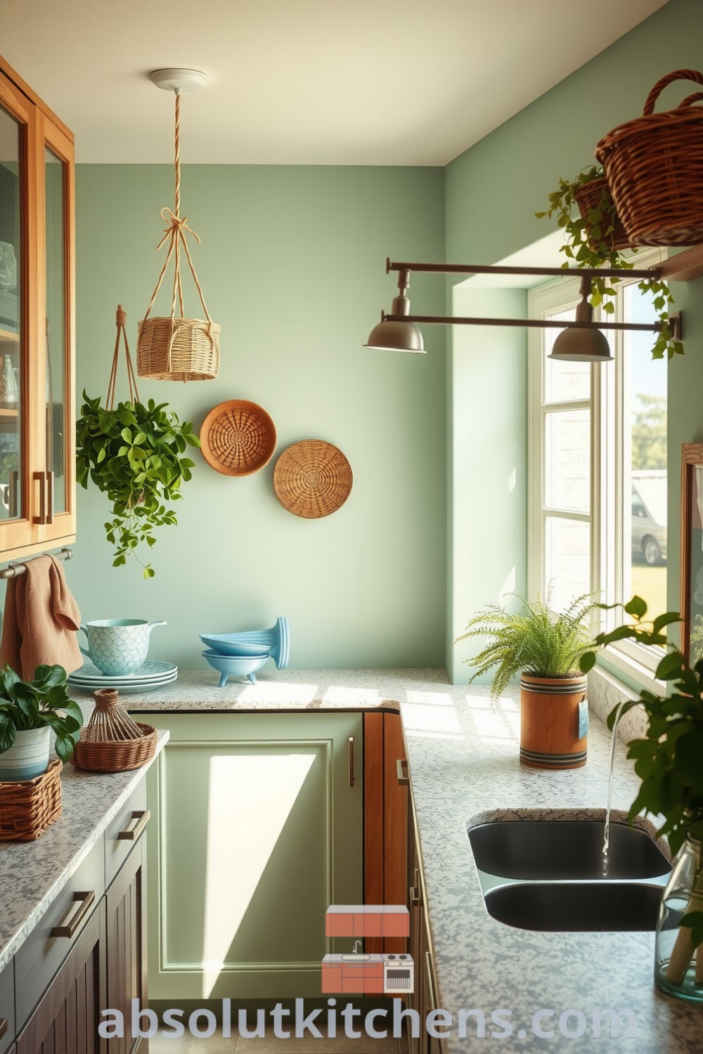 Cozy nature-inspired kitchen with soft green tones, natural wooden cabinetry, textured stone countertops, hanging plants, fresh herbs, and woven baskets, creating an inviting and organic atmosphere perfect for home decor inspirations. Visit absolutkitchens.com for unique ideas.