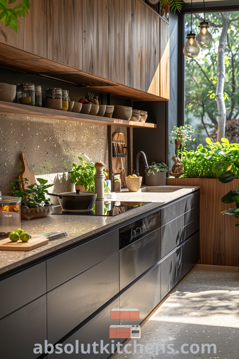 A modern kitchen featuring Wood Effect Boards in rich walnut color paired with black MDF, showcasing contemporary wood kitchen design trends. This aesthetic offers cozy and inviting decor ideas for homes and apartments, enhancing functionality and sustainability. Discover more inspirations at absolutkitchens.com.