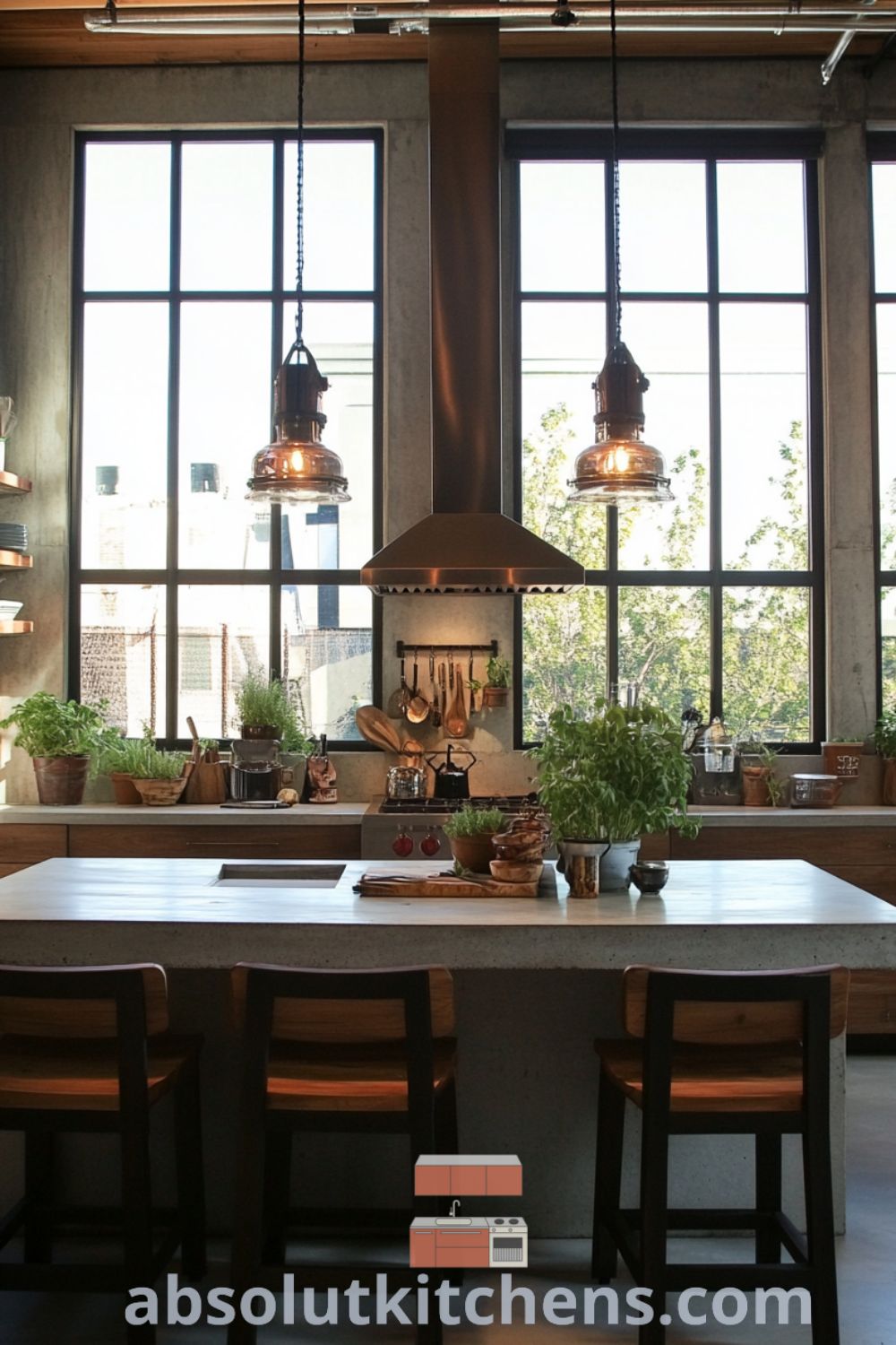 Cozy urban loft kitchen on absolutkitchens.com featuring reclaimed wood cabinetry, industrial lighting, and unique loft kitchen design elements.