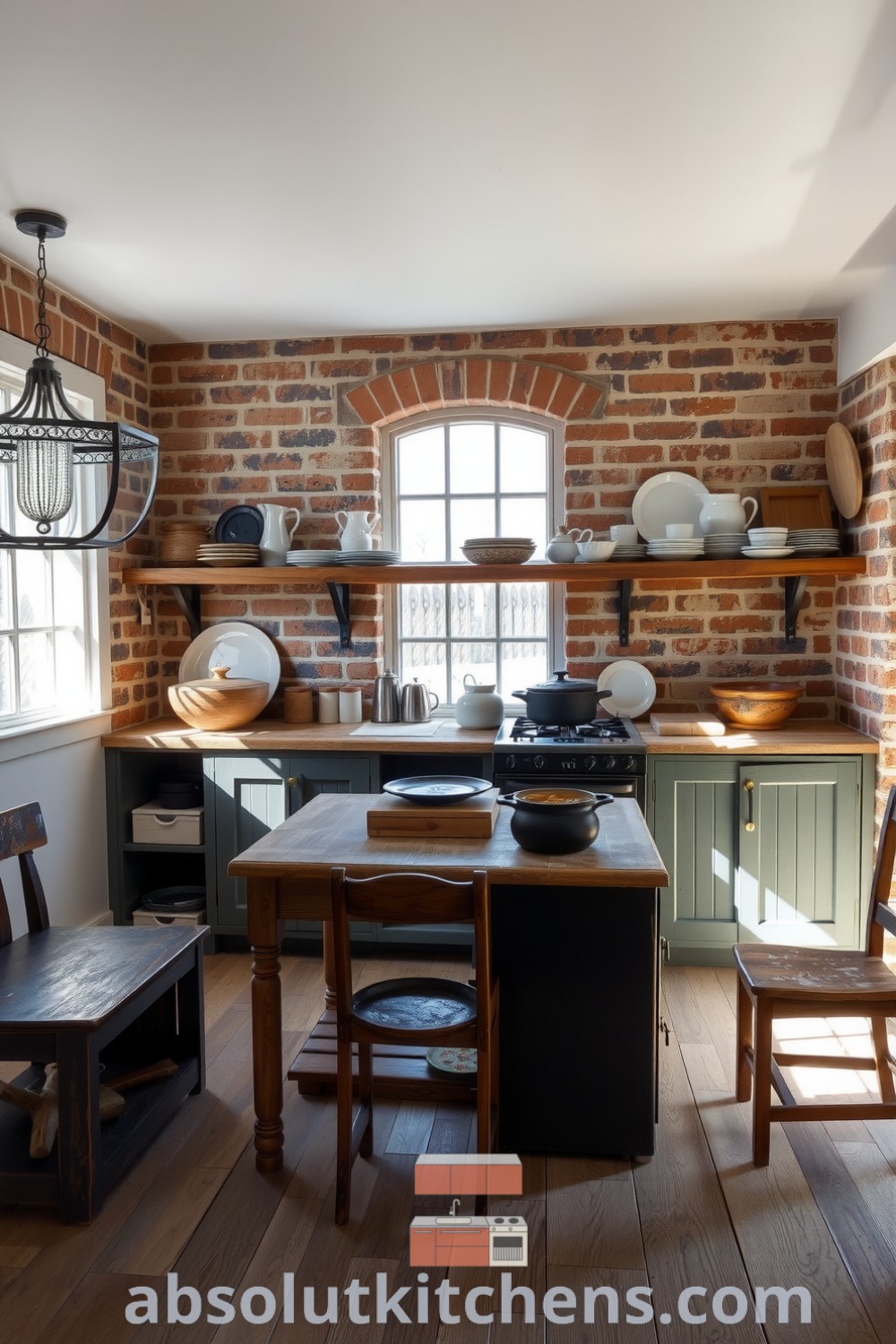 Cozy farmhouse kitchen featuring sunlight streaming through mullioned windows, weathered oak table, exposed brick walls, and a simmering cast-iron pot, offering decor ideas for creating a warm, inviting space at absolutkitchens.com.
