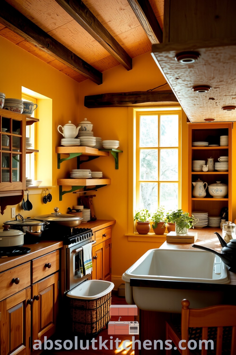 Cozy rustic kitchen with golden yellow walls, sturdy oak cabinets filled with mismatched crockery, a farmhouse sink overlooking a herb garden, and weathered wooden beams, creating an inviting atmosphere. Discover inspiring decor ideas for your home at absolutkitchens.com.
