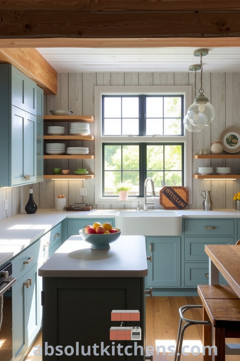 Cozy modern farmhouse kitchen with soft blue cabinetry, natural wood accents, and polished stone countertops, featuring a bowl of fresh fruit, illuminated by sunlight through large windows, perfect for inviting gatherings. Visit absolutkitchens.com for more cozy home design ideas and inspirations.