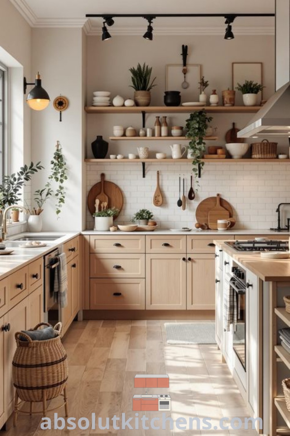 A bright kitchen filled with wooden cabinets and generous counter space next to a window, exemplifying cozy boho living room and kitchen decor. This inspiring space integrates Scandi kitchen aesthetics and natural farmhouse decor ideas, perfect for creating a warm atmosphere. Explore more unique ideas for your home at wellnesswink.com.