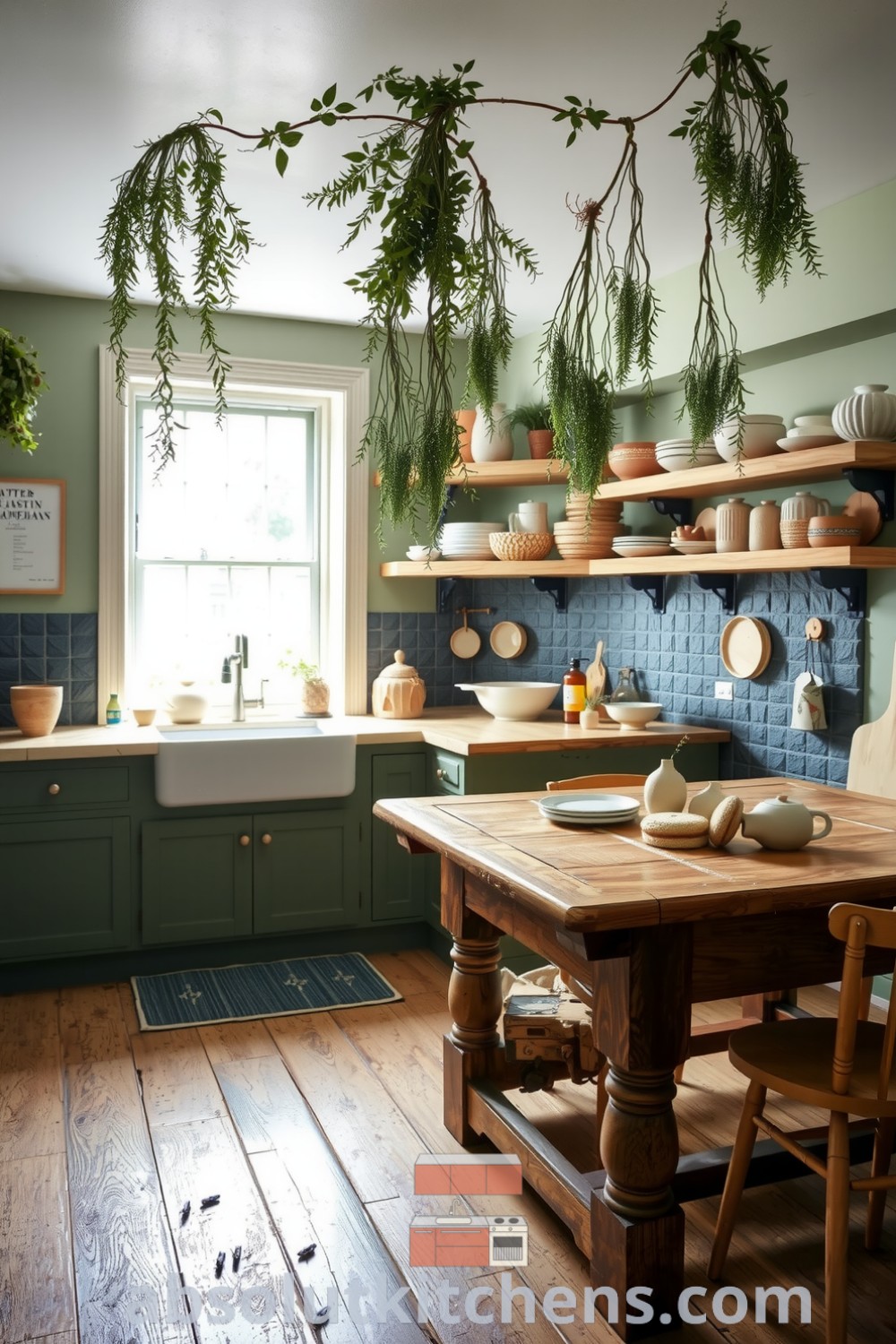 Cozy rustic kitchen with natural tones of green and soft brown, featuring a timber counter, slate backsplash, handmade ceramic dishes, an antique wooden table, and trailing plants, creating a warm and inviting atmosphere. For more ideas, visit absolutkitchens.com.