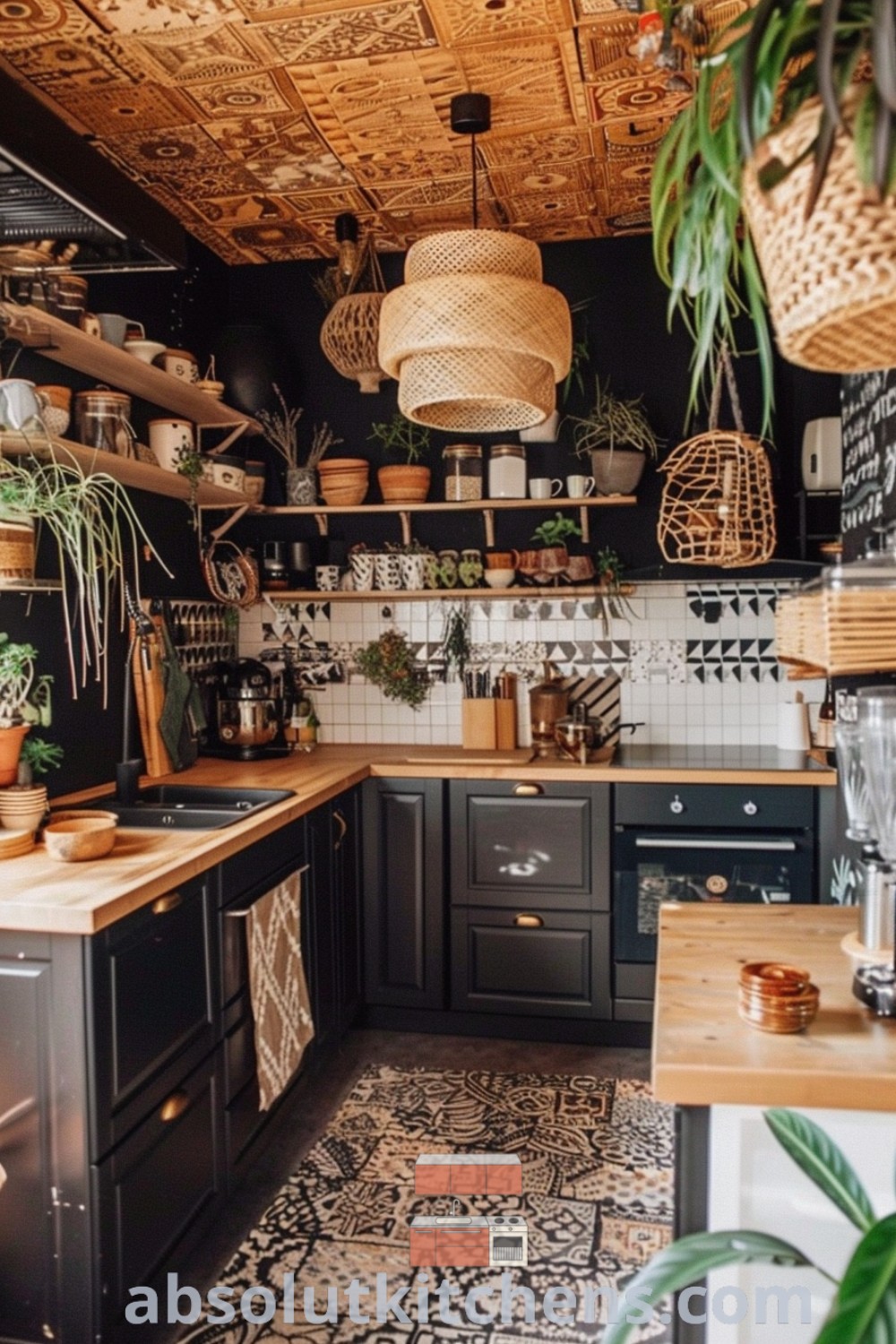 A boho kitchen with dark floors filled with potted plants, showcasing bohemian decor ideas and a cozy aesthetic. The inviting space offers design trends and tips for creating a relaxing kitchen environment, perfect for any house or apartment. Find more inspiring kitchen ideas at absolutkitchens.com.
