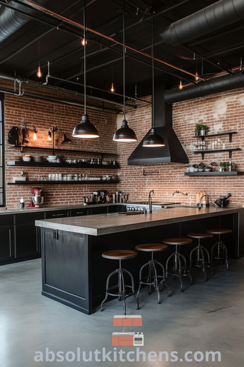 An industrial style kitchen with brick walls, black counters, bar stools, and hanging lights, showcasing contemporary industrial interior design. This cozy space offers unique ideas and inspiring decor inspirations that elevate the kitchen experience. Discover more design ideas at wellnesswink.com.