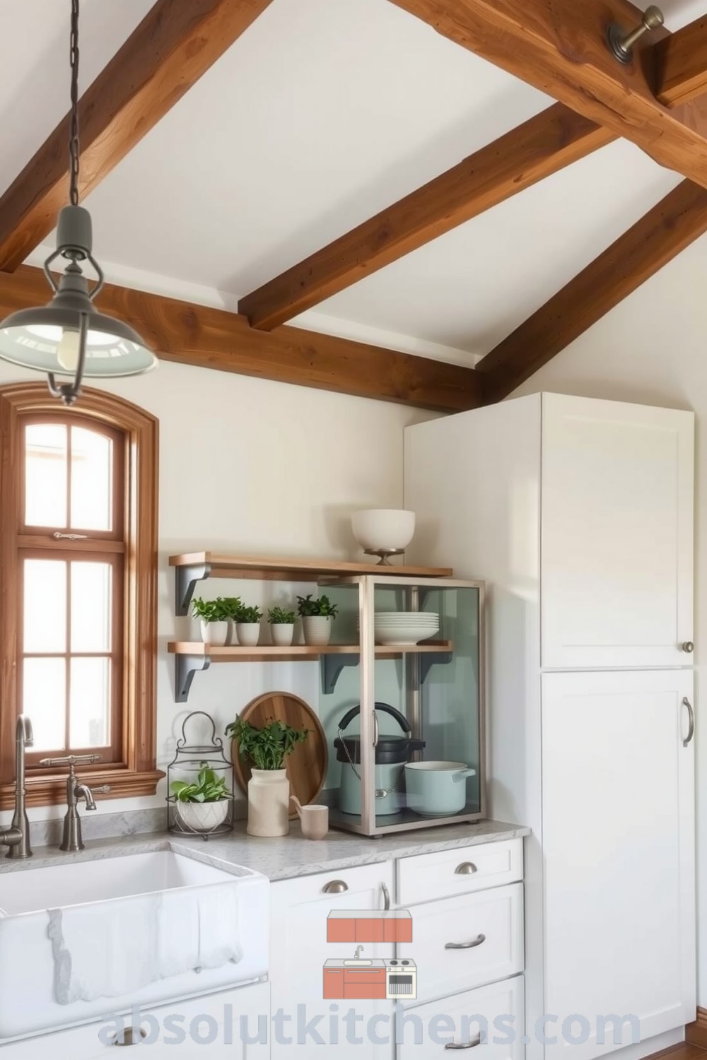 Cozy farmhouse kitchen featuring white cabinetry, rustic wooden beams, stone countertops, and open shelving with ceramic dishes and herbs, offering design ideas and inspirations for creating a cozy home at absolutkitchens.com.