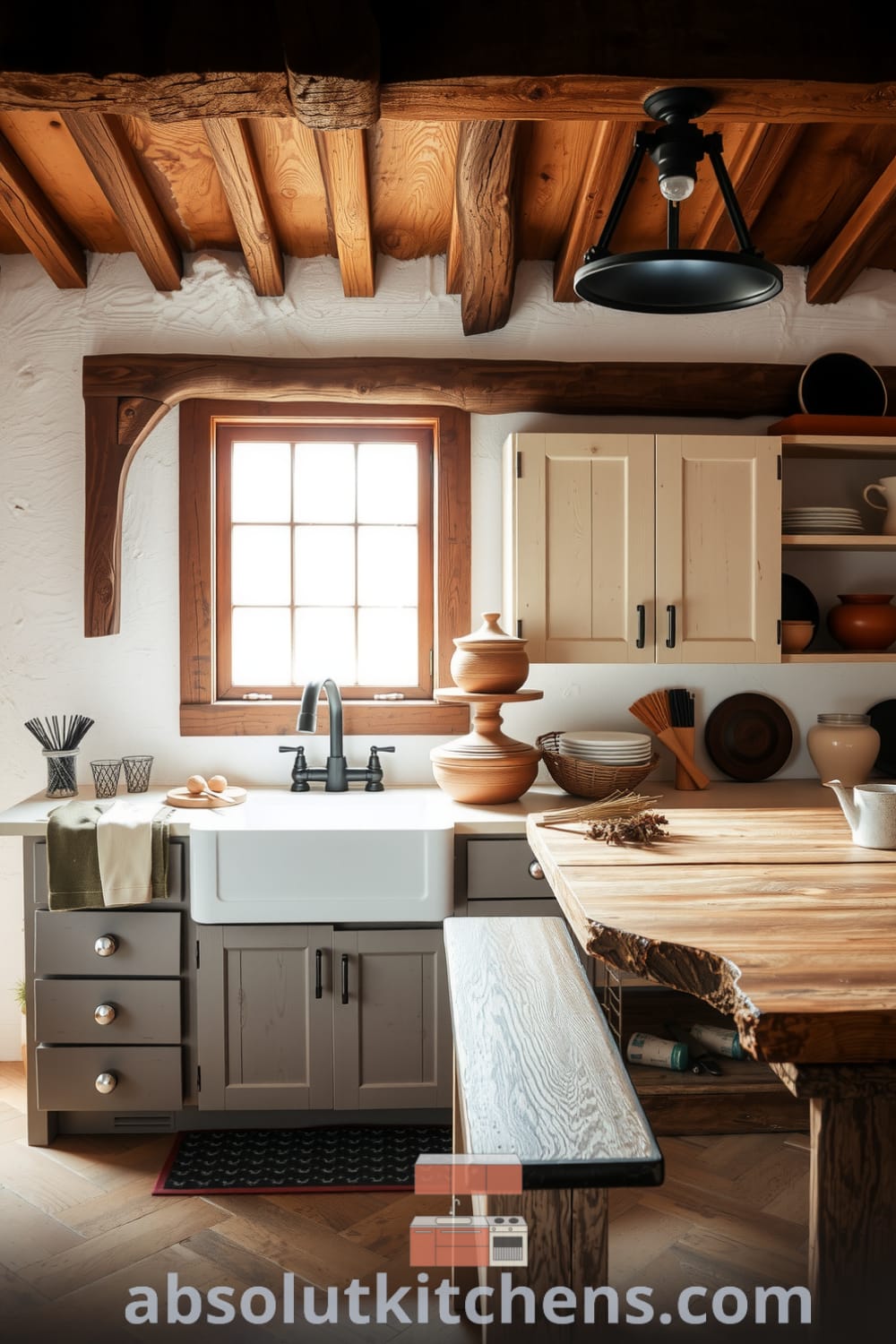 Rustic kitchen featuring weathered white walls, exposed wooden beams, a farmhouse sink, and rough-hewn cabinetry, creating a cozy atmosphere ideal for gathering and culinary delights; design ideas for a warm home at fireplacesandwoodstoves.com.