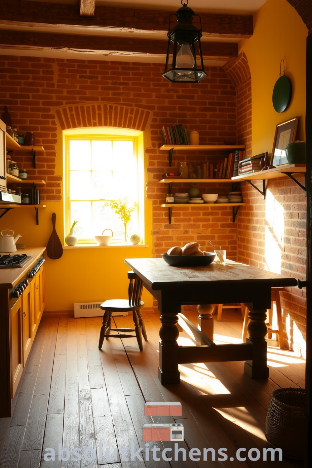 Cozy farmhouse kitchen with warm sunlight, timeworn wooden floorboards, exposed brick walls, and open wooden shelves displaying jars of preserves and cookbooks, creating an inviting and cherished atmosphere perfect for family gatherings. absolutkitchens.com