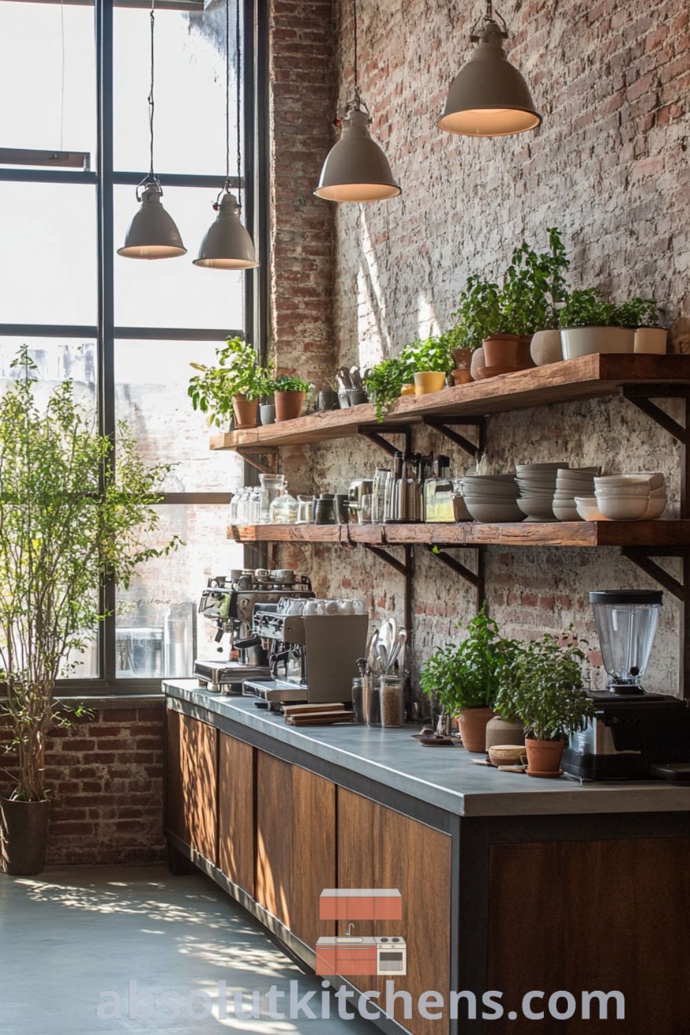 Cozy industrial kitchen design on absolutkitchens.com featuring exposed brick walls, polished concrete floors, and inviting decor ideas for small spaces.