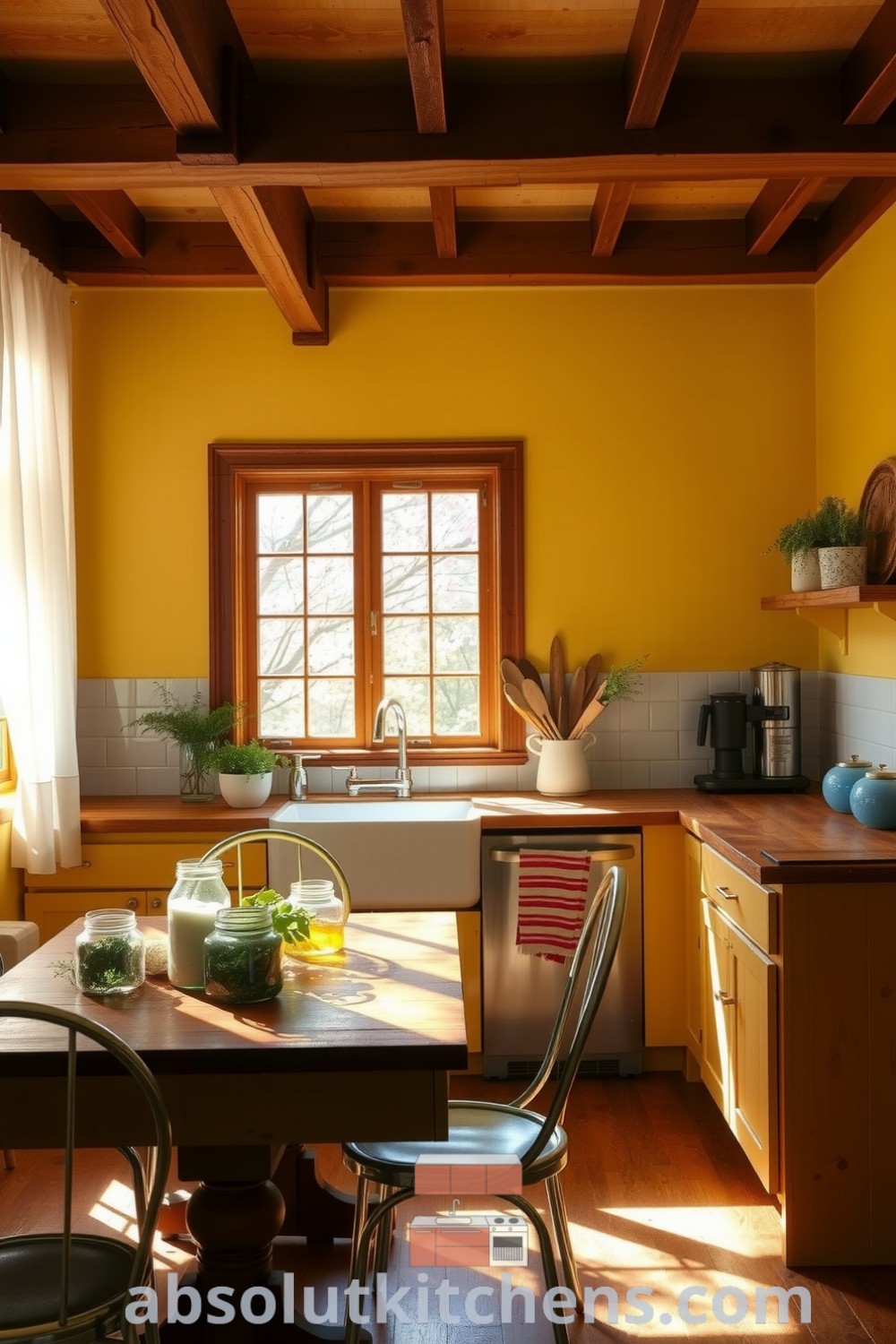Cozy farmhouse kitchen with yellow walls, rustic wooden beams, and a well-loved farmhouse sink, showcasing jars of fresh herbs, a sturdy table for family gatherings, and retro chrome chairs, creating a warm and inviting atmosphere at absolutkitchens.com.