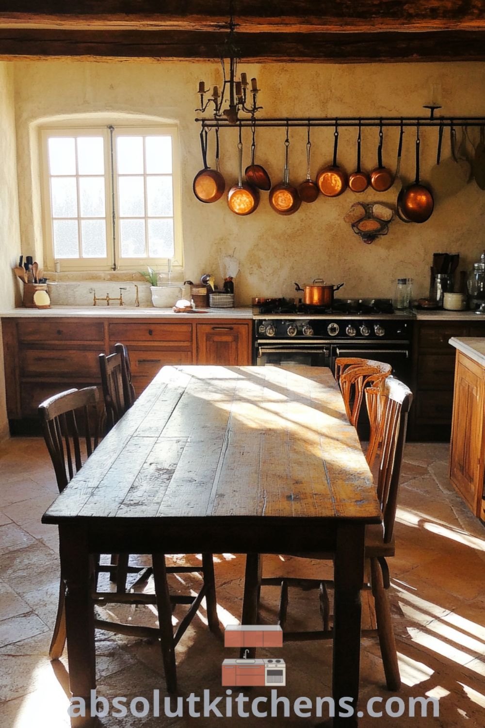 Cozy French kitchen scene on absolutkitchens.com featuring rustic wooden beams, creamy textured walls, and decor ideas for small spaces.