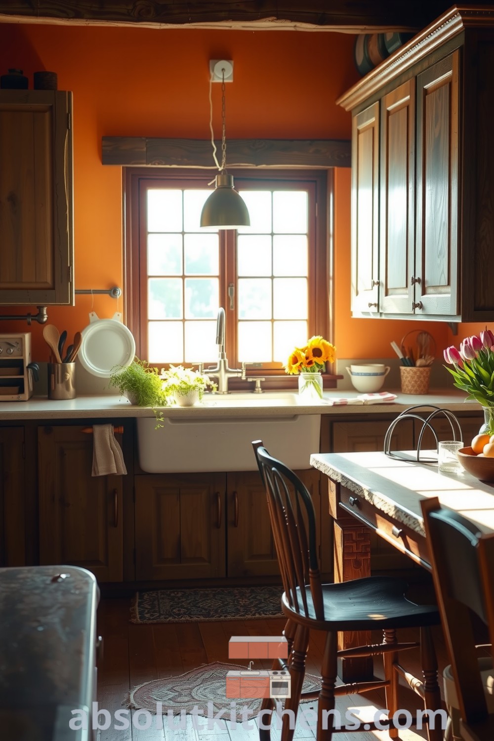 Cozy farmhouse kitchen with warm orange hues, rustic wooden cabinets, worn stone countertops, fresh herbs on the windowsill, and mismatched chairs surrounding a sturdy table, creating an inviting atmosphere for family gatherings. absolutkitchens.com