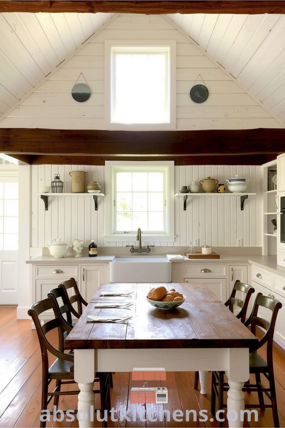 Cozy rustic kitchen with white walls, wooden beams, a farmhouse sink under a sunny window, mismatched chairs around a rough-hewn dining table, and handmade pottery accents, offering unique ideas for a warm and inviting home. Visit fireplacesandwoodstoves.com for more inspiring decor ideas.