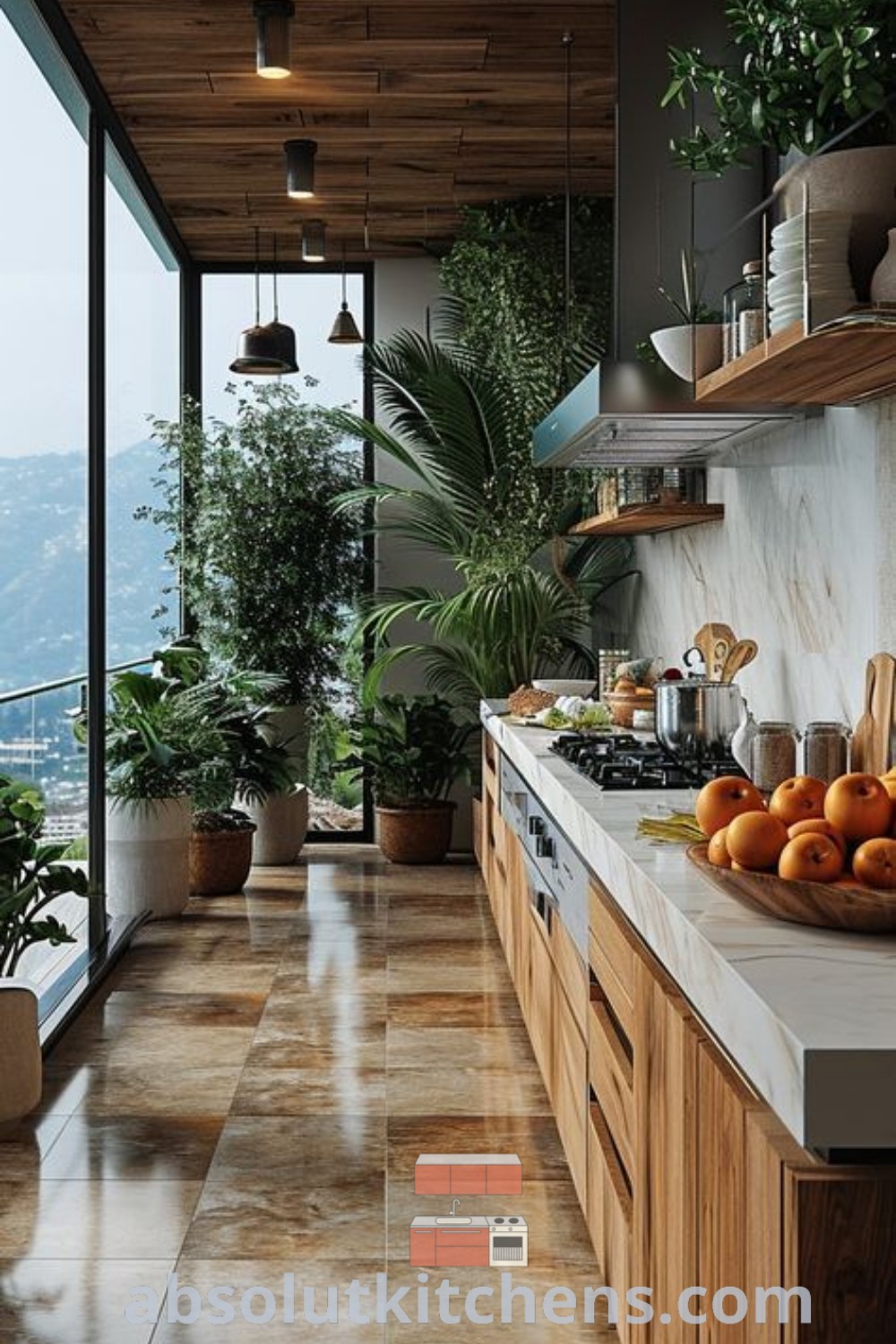 A spacious kitchen filled with ample countertop space next to a large glass wall window, showcasing a coastal farmhouse design with Boho Chic elements. Discover inspiring ideas for house or apartment kitchens at absolutkitchens.com.