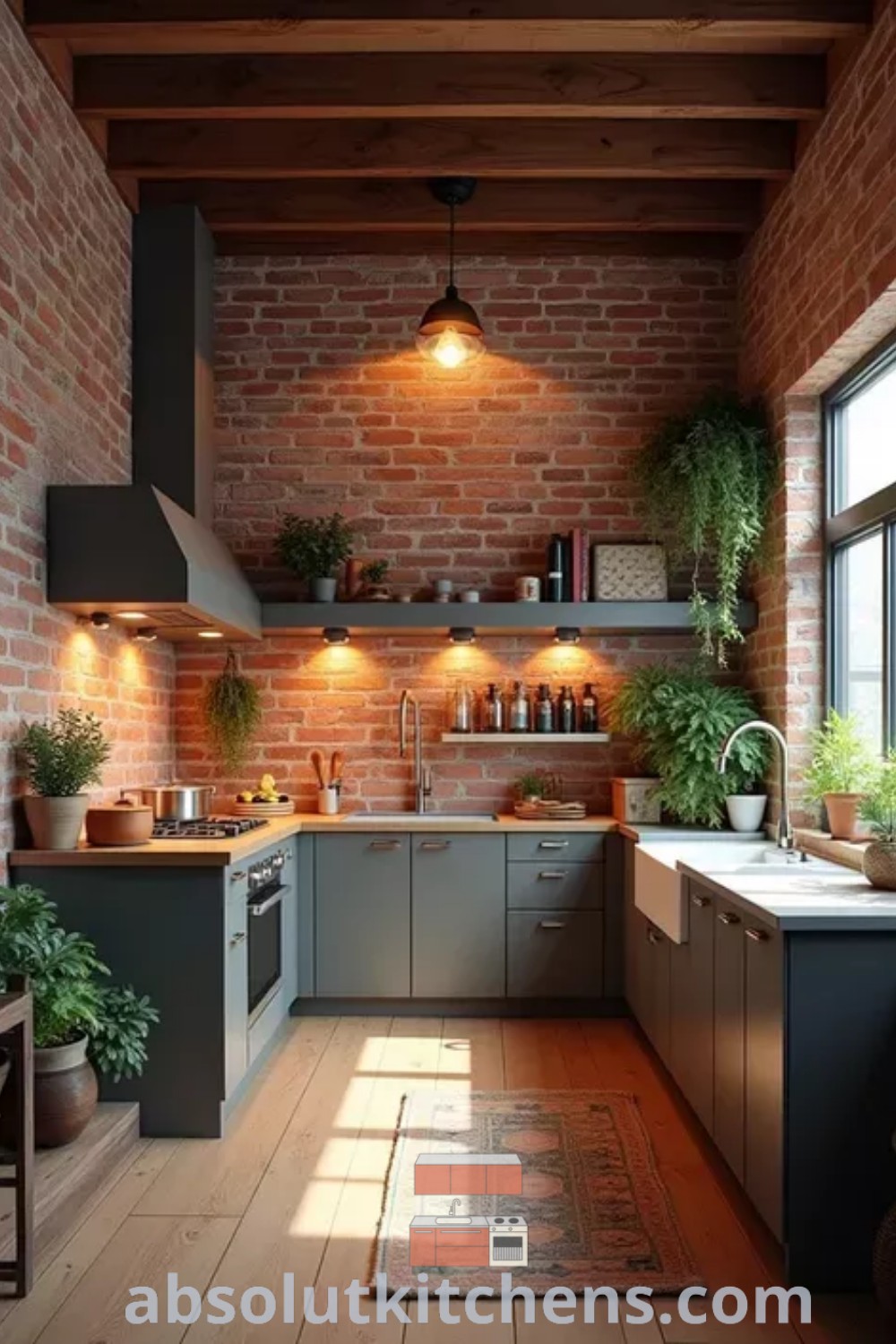 A small kitchen with brick walls and flooring featuring potted plants on the countertop, exemplifying a clean kitchen aesthetic and modern interior design. This space showcases inspiring ideas for decor in small spaces and provides decorating tips for creating a cozy, inviting atmosphere. Visit absolutkitchens.com for more interior design trends and kitchen ideas.