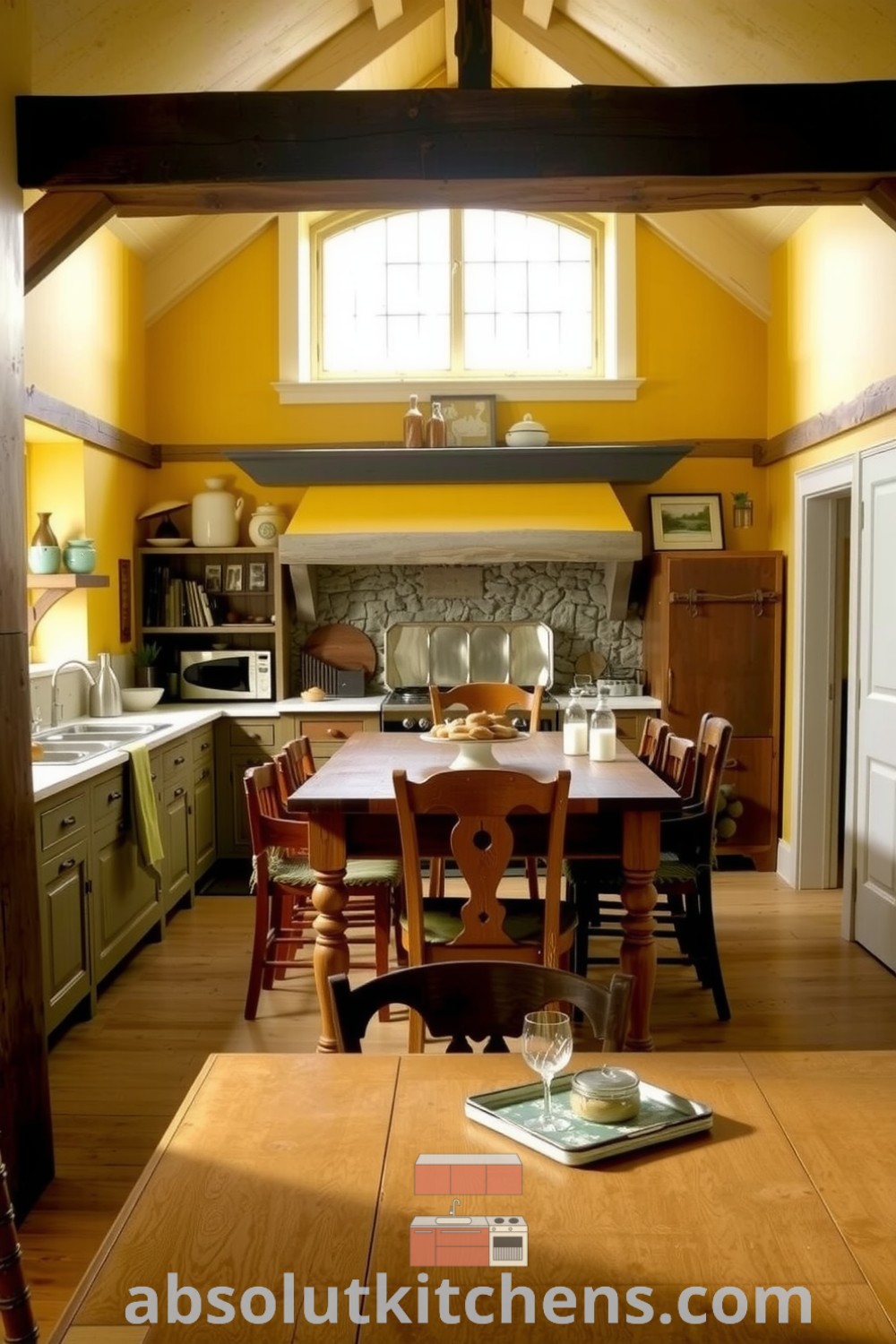 Cozy rustic kitchen with yellow walls, exposed wooden beams, a farmhouse table surrounded by mismatched chairs, and elements that evoke warmth and inviting charm for design inspirations at absolutkitchens.com.