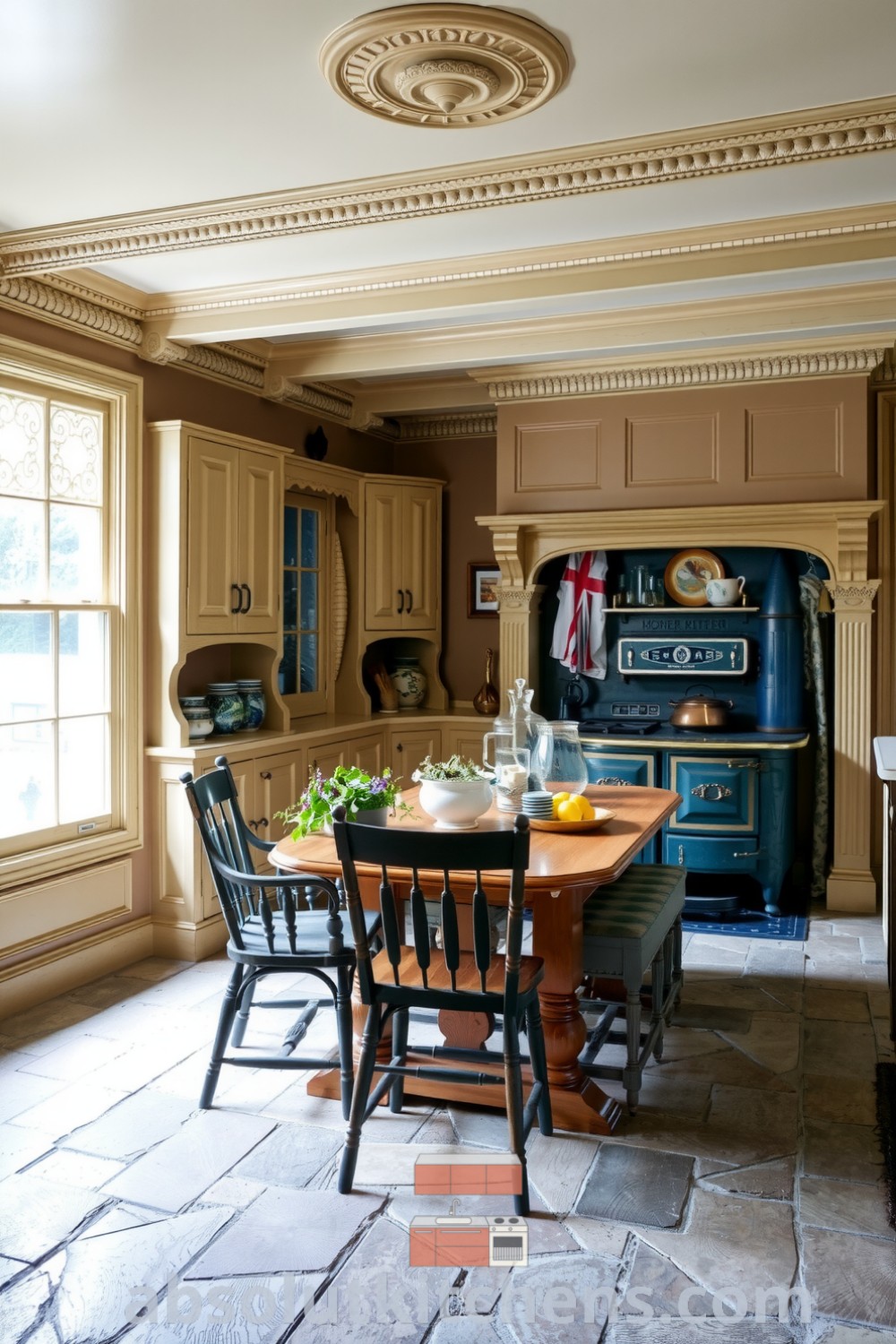 Cozy Victorian kitchen featuring beige wooden cabinetry, a polished cast-iron stove, and a well-worn dining table surrounded by mismatched chairs, with herbs on open shelves, creating a warm and inviting atmosphere. Visit absolutkitchens.com for more decor ideas.