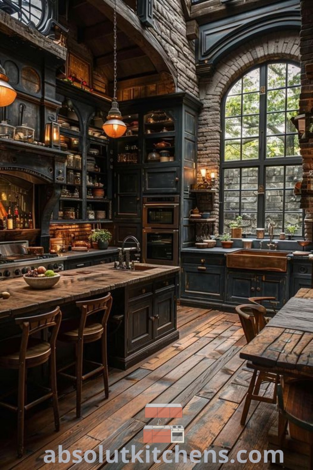 A cozy Gothic Boho kitchen with wooden floors, large windows, and Victorian decor elements, creating a dark and moody atmosphere. This inspiring space blends functionality with aesthetic, offering decor ideas for apartment or house kitchens. Find more design trends at absolutkitchens.com.