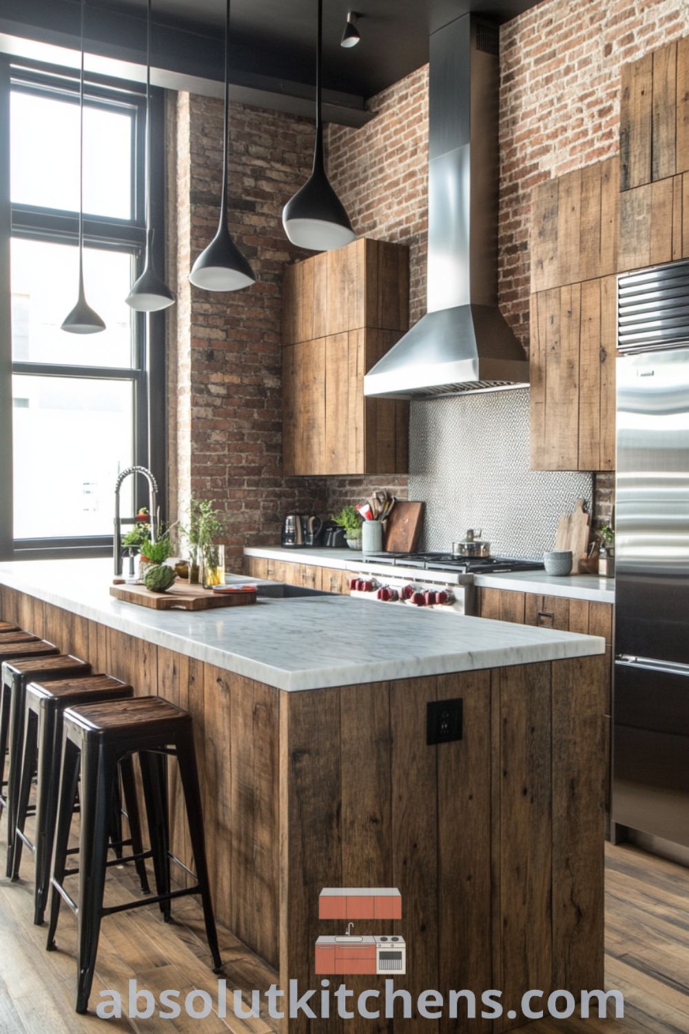 Loft kitchen design on absolutkitchens.com showcasing cozy aesthetic, industrial charm, and decor ideas for small spaces with reclaimed wood and stainless steel elements.