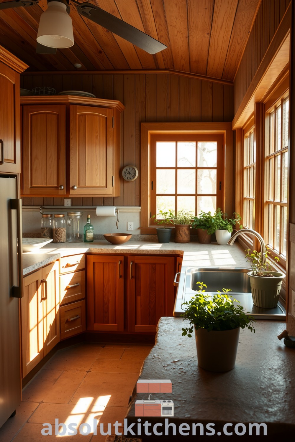 Cozy nature-inspired kitchen featuring wooden cabinetry, stone countertops, and potted herbs on a sun-drenched windowsill, perfect for creating a warm and inviting atmosphere. Discover unique ideas for your home at absolutkitchens.com.