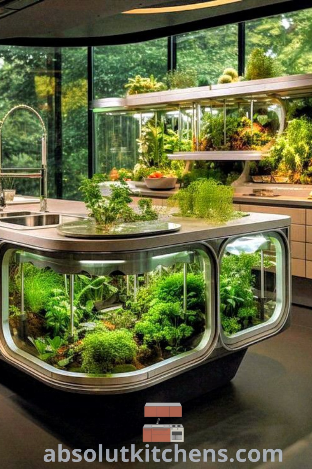 An indoor kitchen featuring lush plants as part of the Solar Punk decor, highlighting eco-friendly design trends and organic architecture concepts. This inspiring space offers cozy aesthetic ideas for house or apartment living. Discover more inspiring decor ideas for small spaces at absolutkitchens.com.