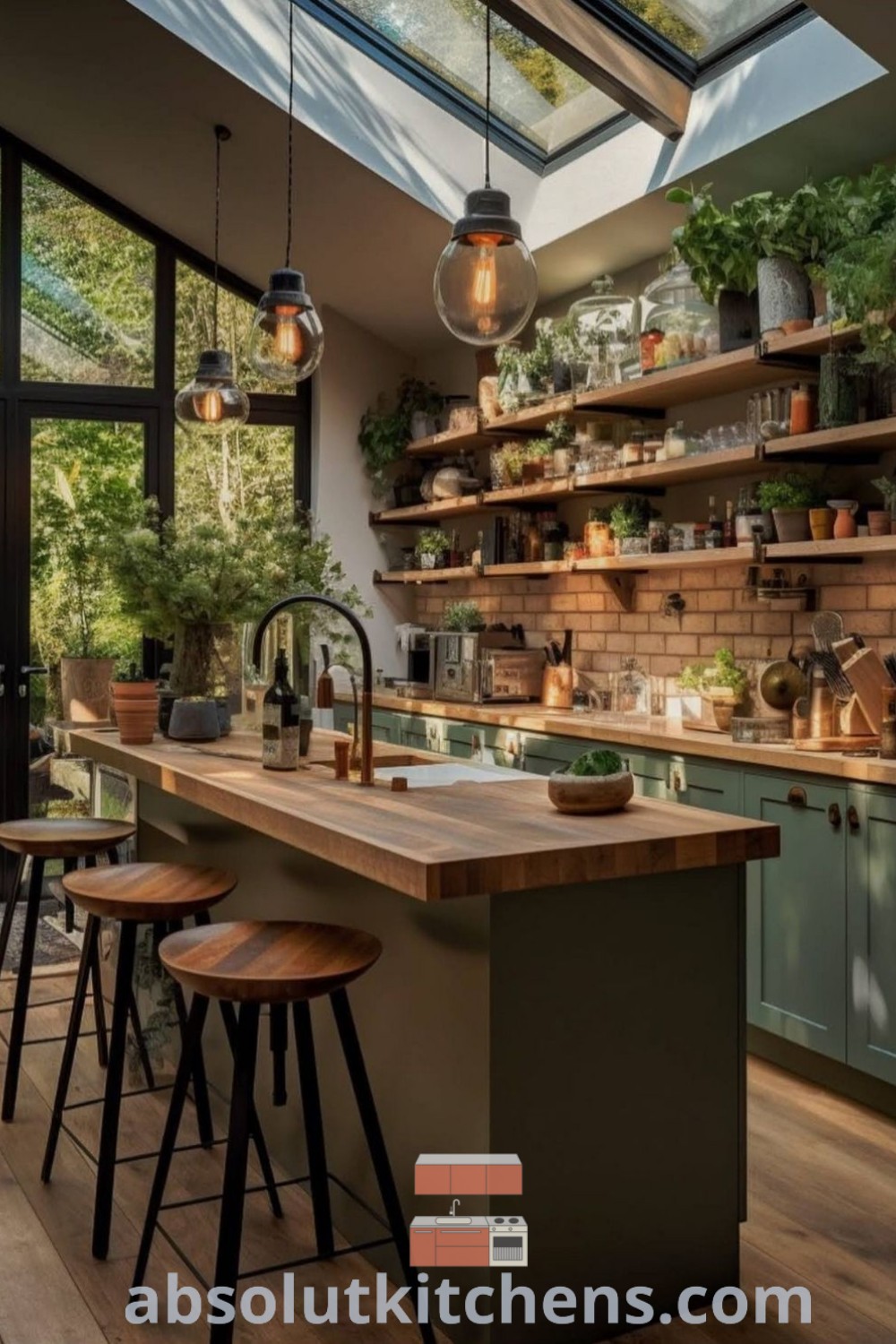 A stylish kitchen featuring a brick wall, spacious countertops, and potted plants, creating a cozy aesthetic. This kitchen serves as a hub for family gatherings and offers design ideas for extension kitchens and multigenerational houses. Discover more inspiring decor ideas for small spaces at absolutkitchens.com.